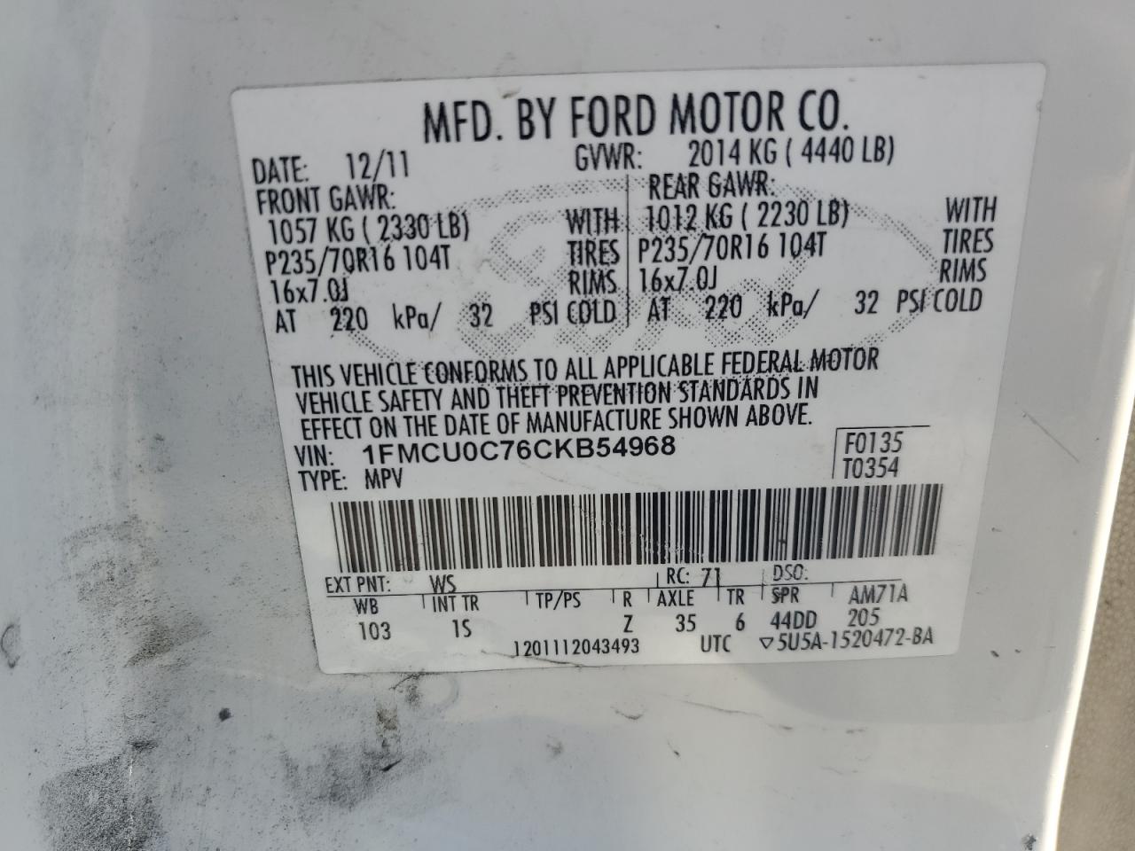 2012 Ford Escape Xls VIN: 1FMCU0C76CKB54968 Lot: 75063574