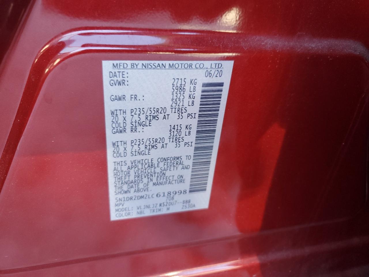 5N1DR2DM2LC618998 2020 Nissan Pathfinder Platinum