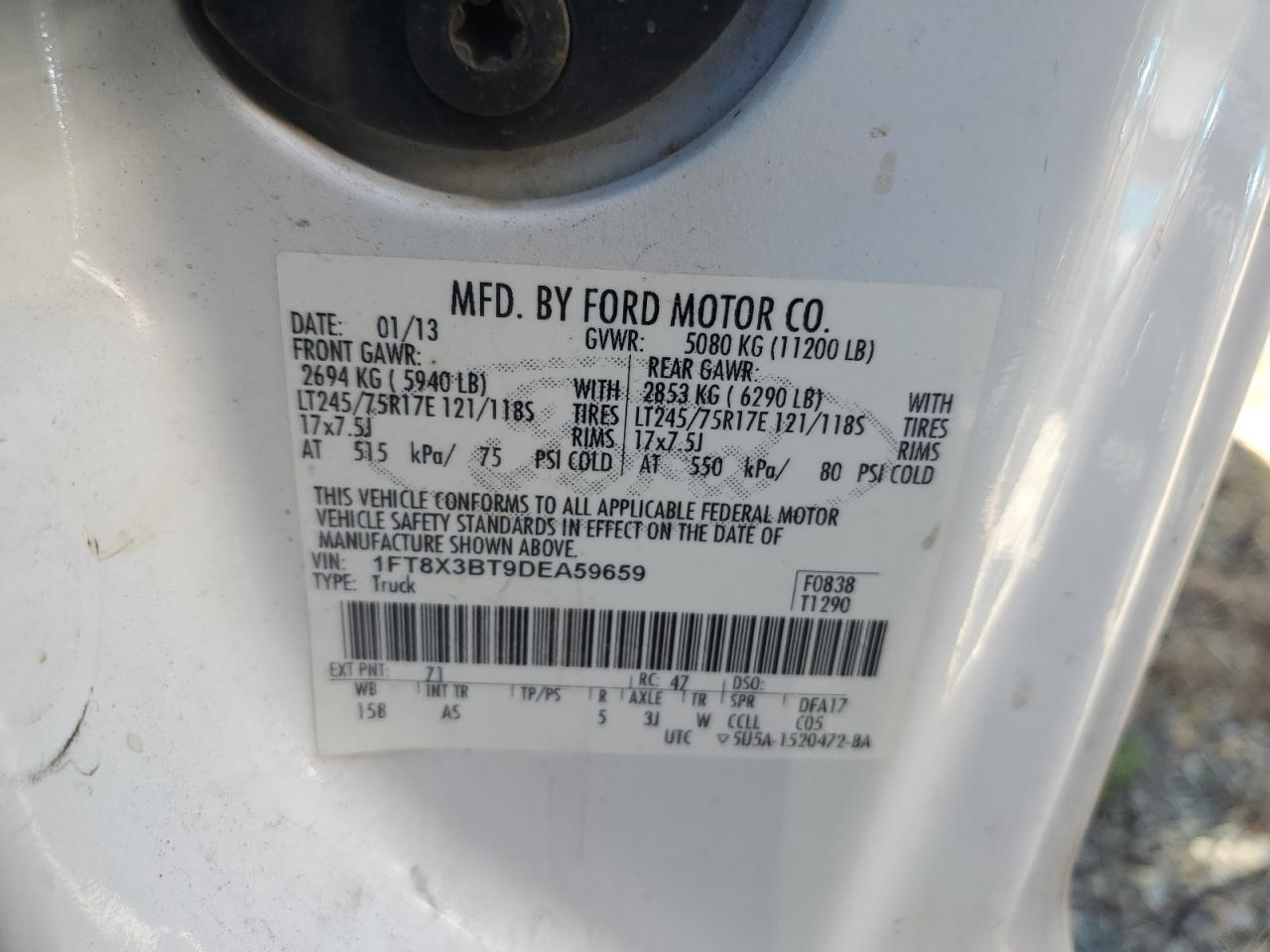 2013 Ford F350 Super Duty VIN: 1FT8X3BT9DEA59659 Lot: 75269634