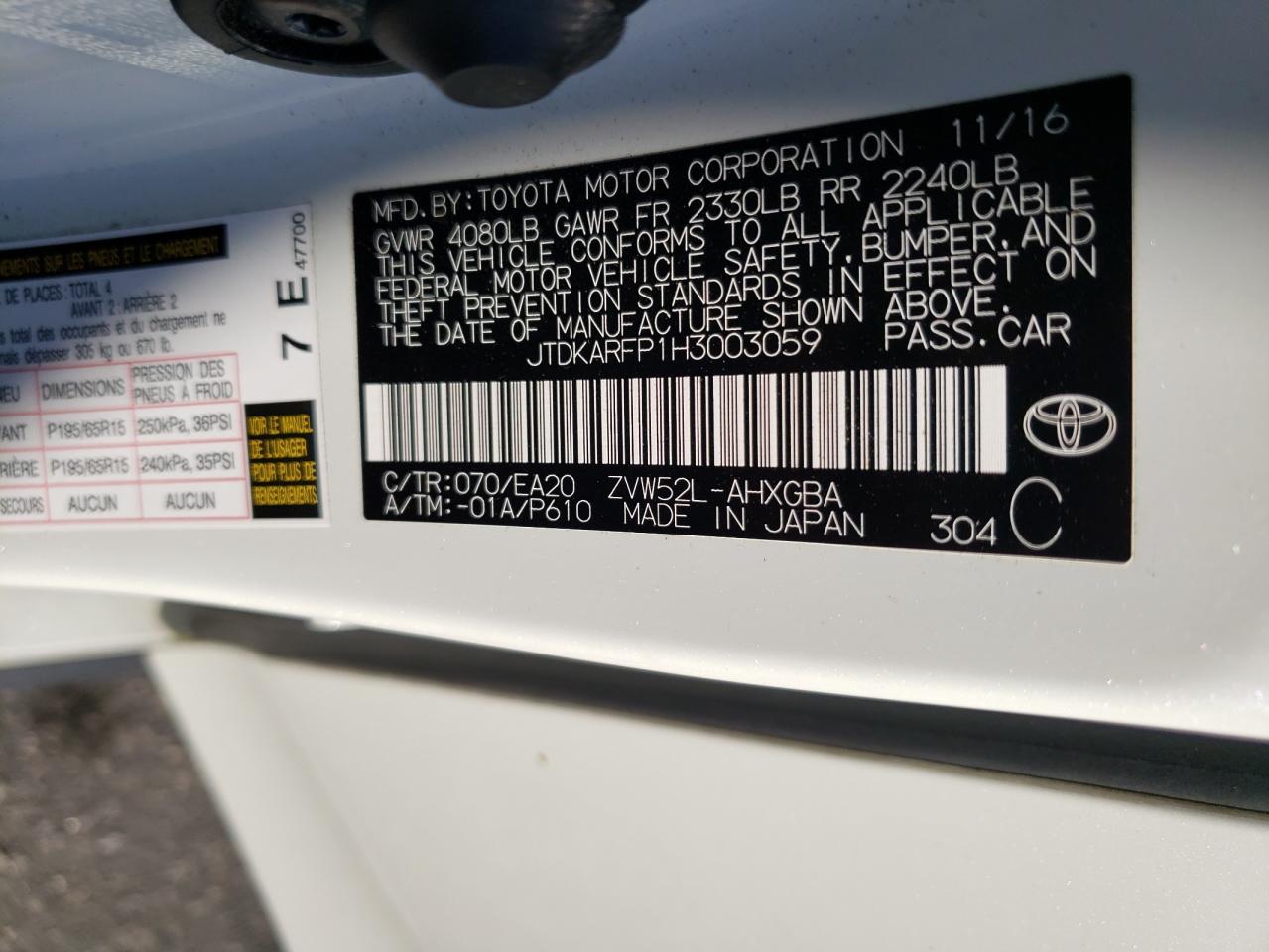 2017 Toyota Prius Prime VIN: JTDKARFP1H3003059 Lot: 77815204