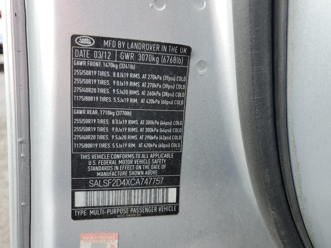 2012 Land Rover Range Rover Sport Hse VIN: SALSF2D4XCA747757 Lot: 76284354