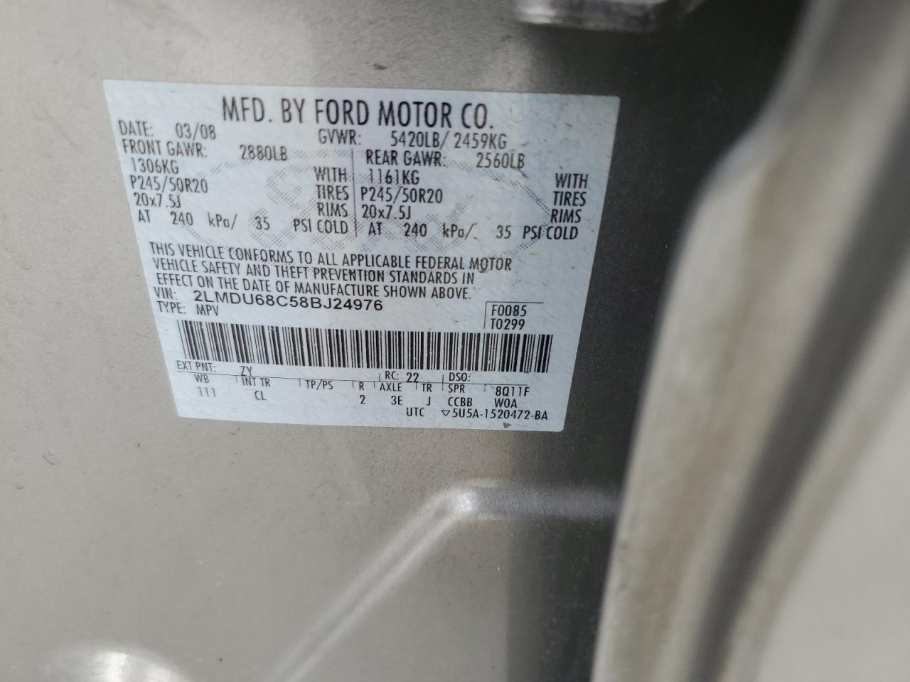 2008 Lincoln Mkx VIN: 2LMDU68C58BJ24976 Lot: 78986514