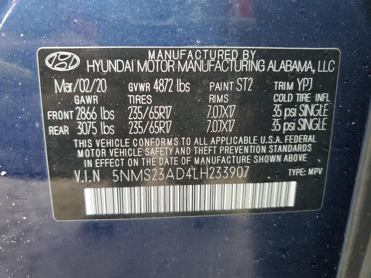 5NMS23AD4LH233907 2020 Hyundai Santa Fe Se