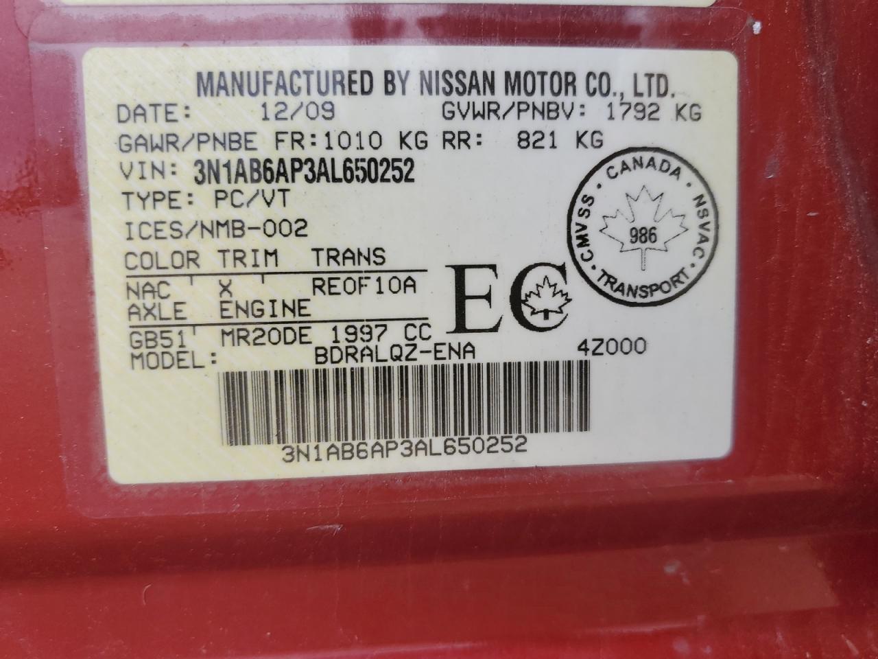 2010 Nissan Sentra 2.0 VIN: 3N1AB6AP3AL650252 Lot: 74461594