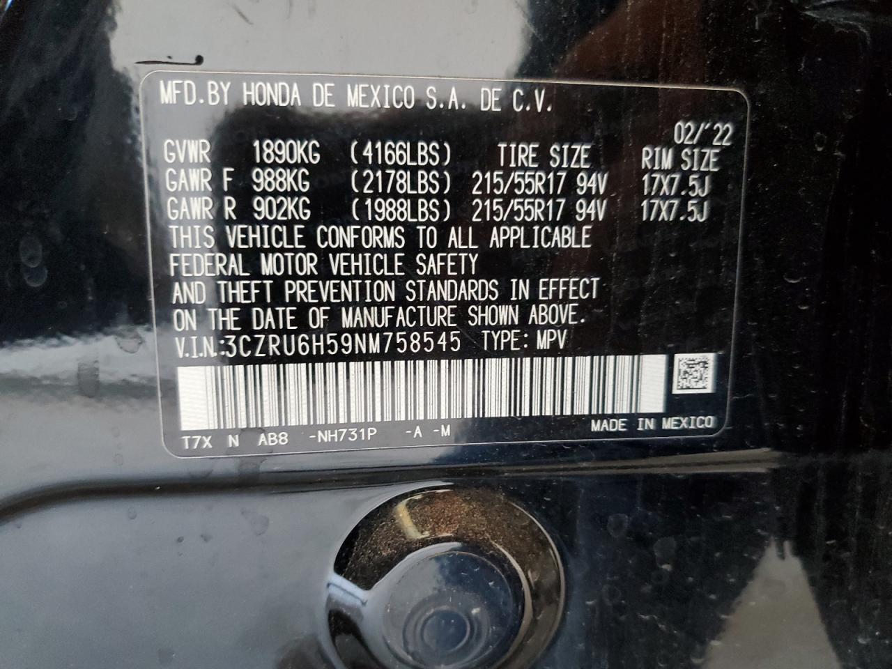 3CZRU6H59NM758545 2022 Honda Hr-V Ex