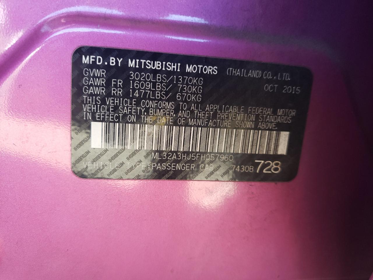 2015 Mitsubishi Mirage De VIN: ML32A3HJ5FH057960 Lot: 78205924