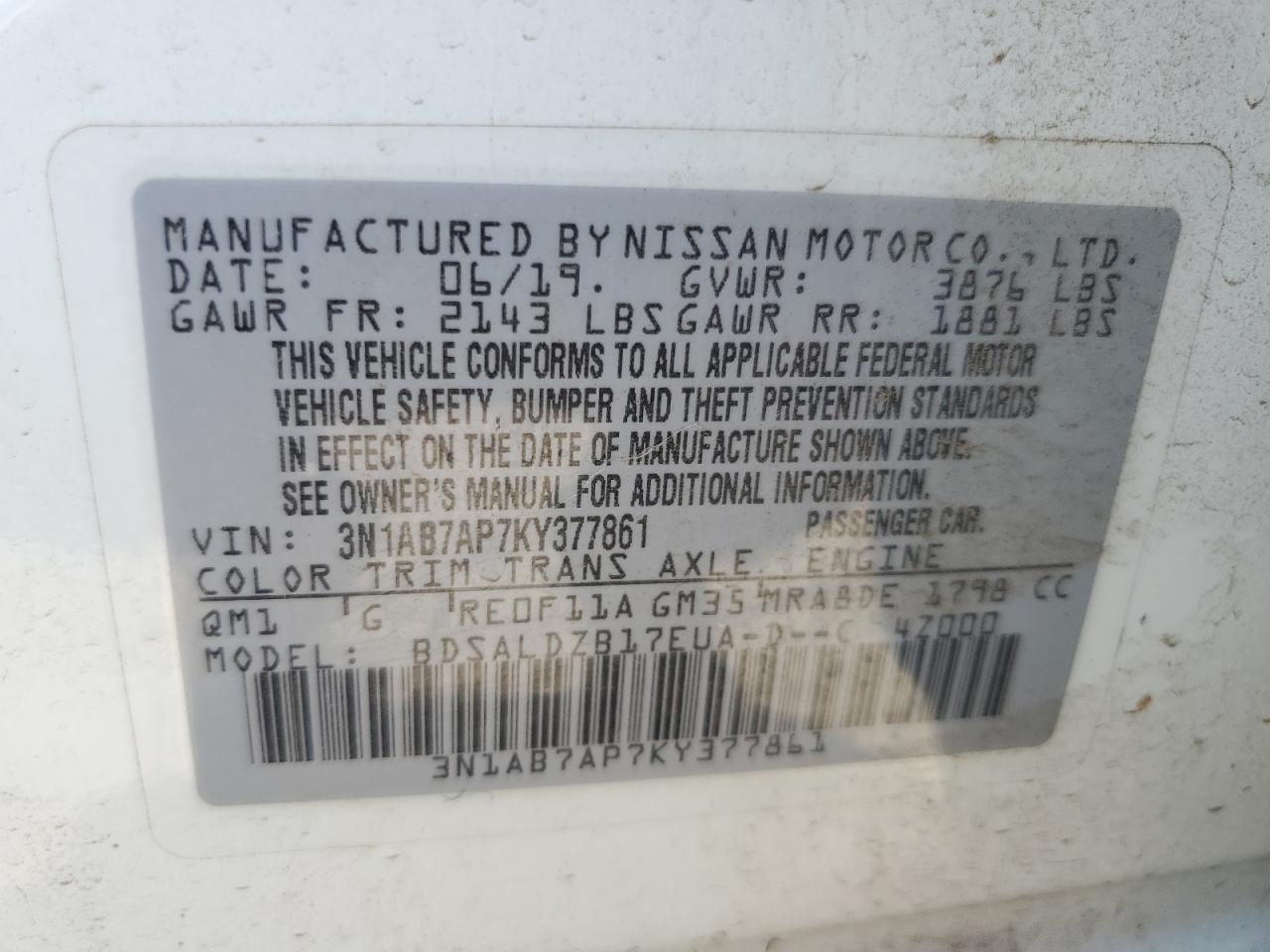 3N1AB7AP7KY377861 2019 Nissan Sentra S