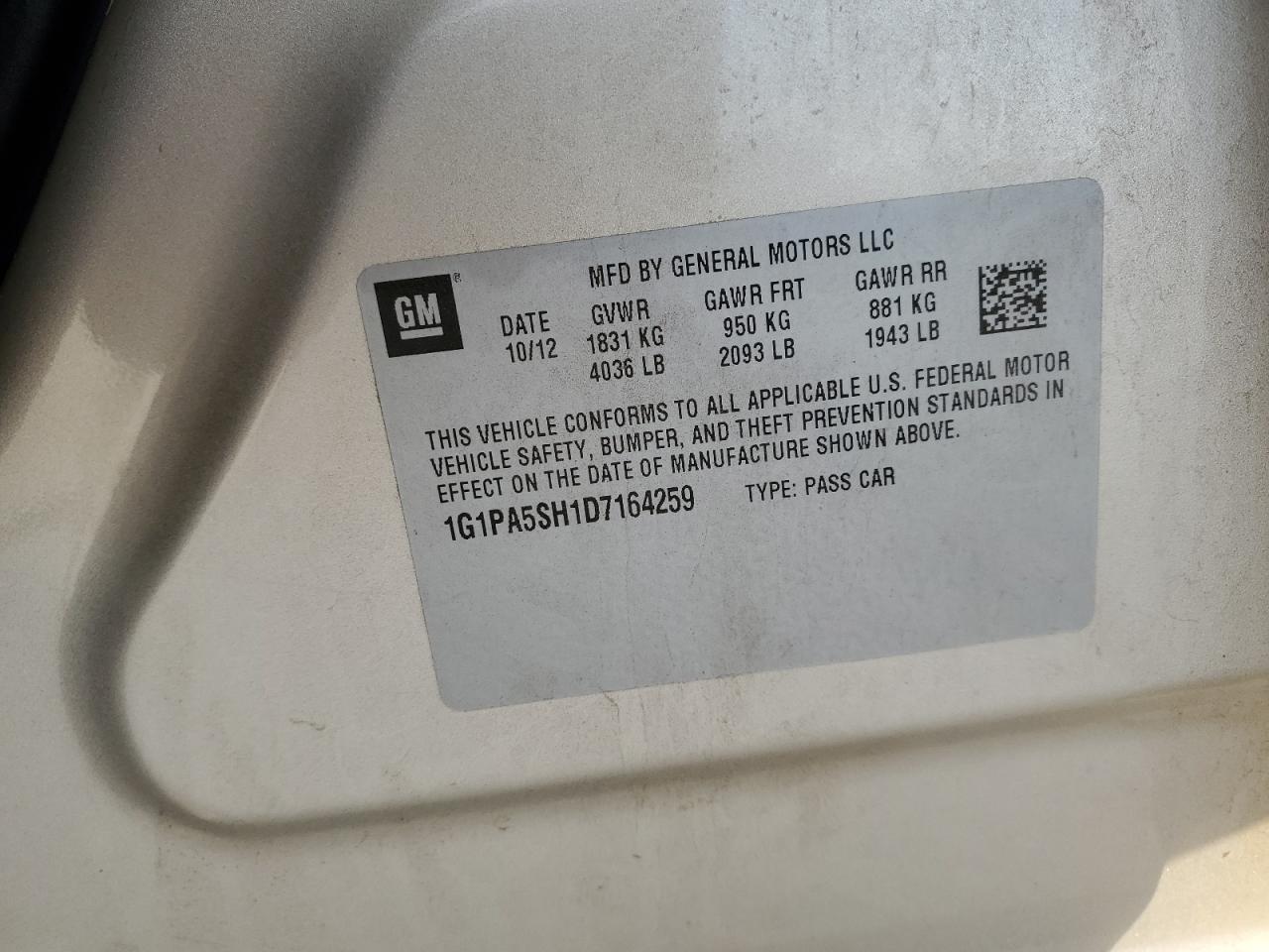 2013 Chevrolet Cruze Ls VIN: 1G1PA5SH1D7164259 Lot: 77788714