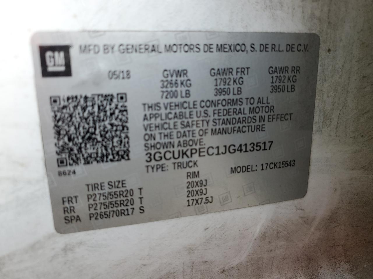 2018 Chevrolet Silverado K1500 Custom VIN: 3GCUKPEC1JG413517 Lot: 75990924