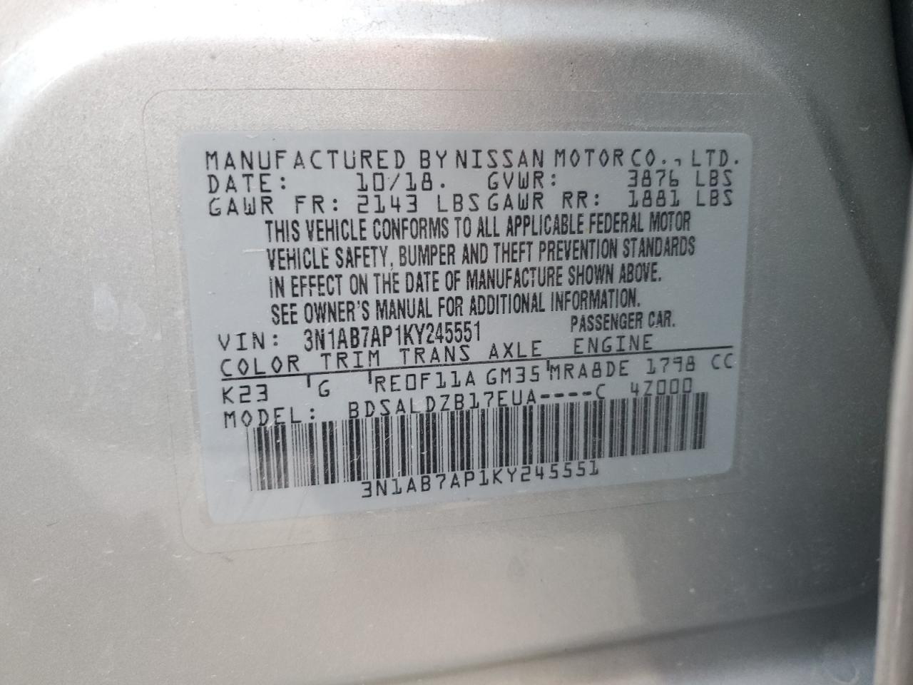 3N1AB7AP1KY245551 2019 Nissan Sentra S