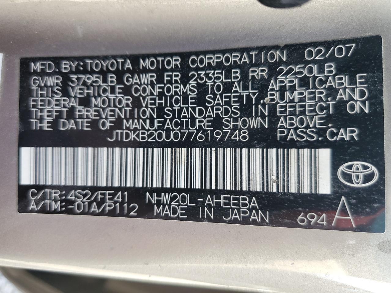 2007 Toyota Prius VIN: JTDKB20U077619748 Lot: 76757764