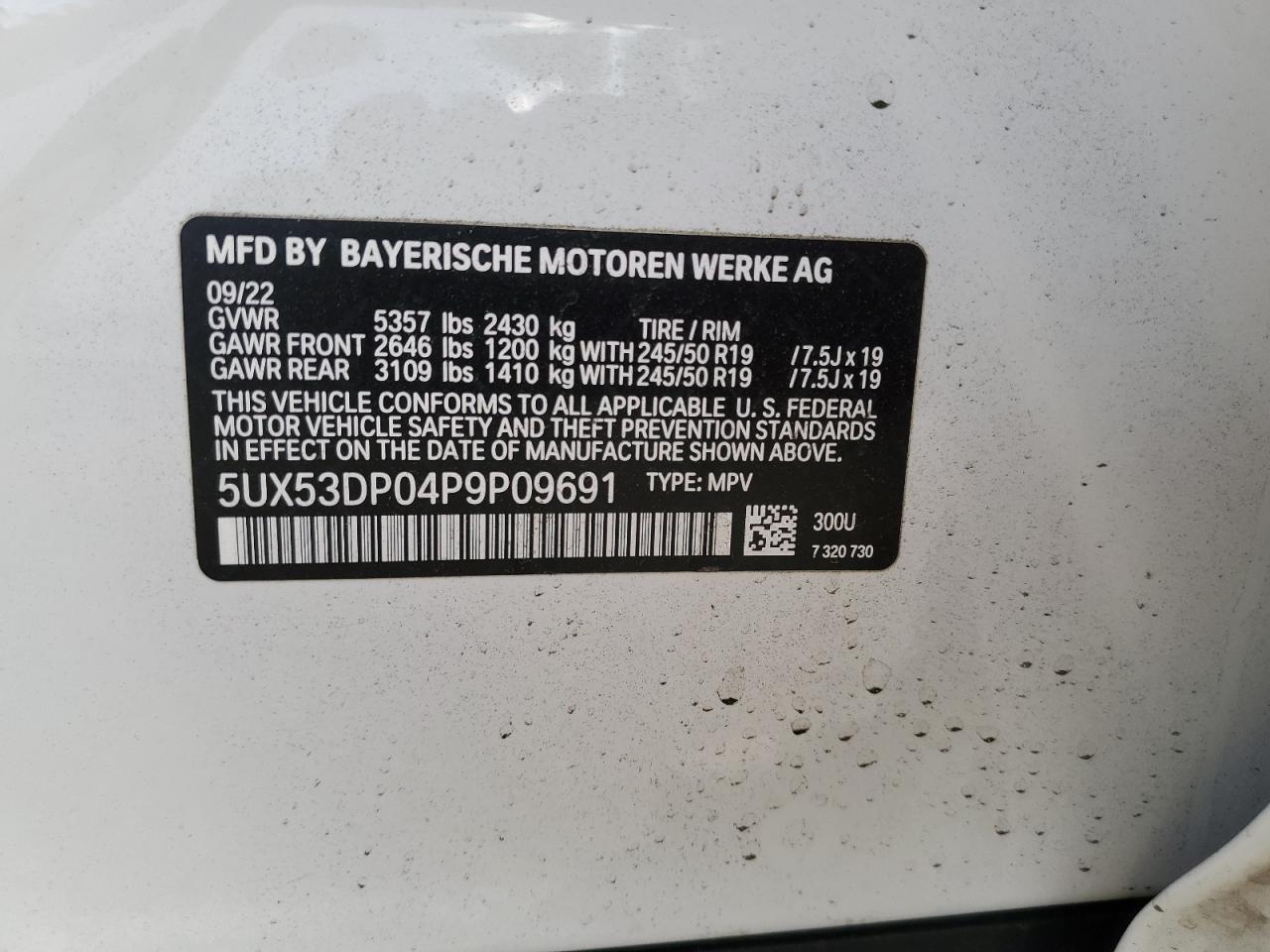 2023 BMW X3 xDrive30I VIN: 5UX53DP04P9P09691 Lot: 76834474