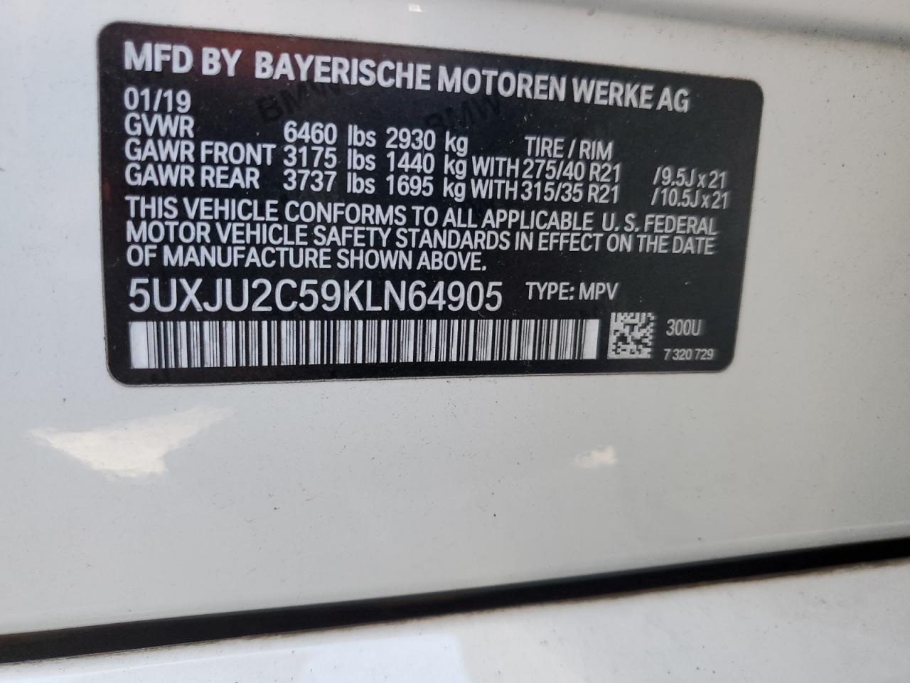 VIN 5UXJU2C59KLN64905 2019 BMW X5 no.12