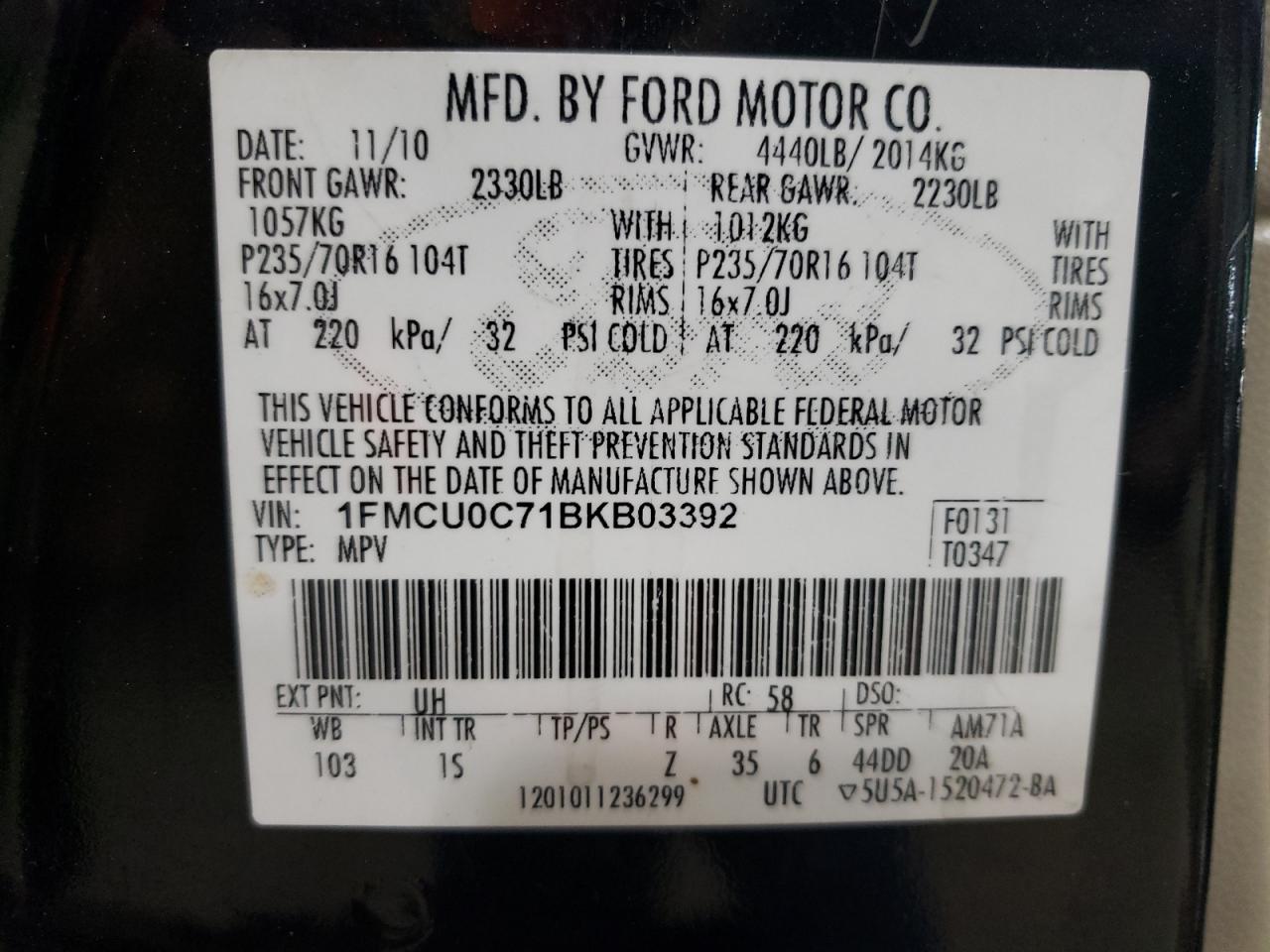 1FMCU0C71BKB03392 2011 Ford Escape Xls