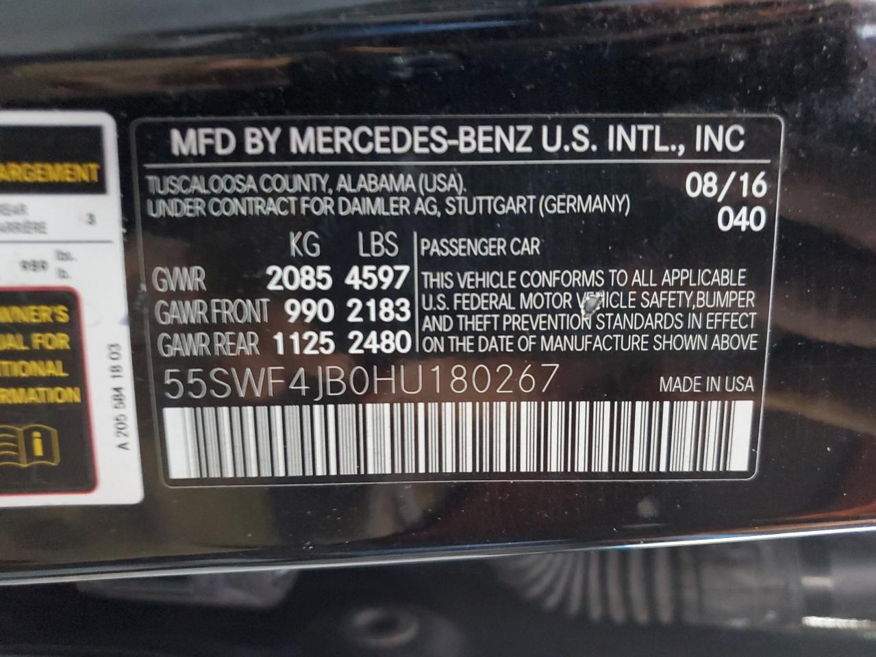 2017 Mercedes-Benz C 300 VIN: 55SWF4JB0HU180267 Lot: 76099514