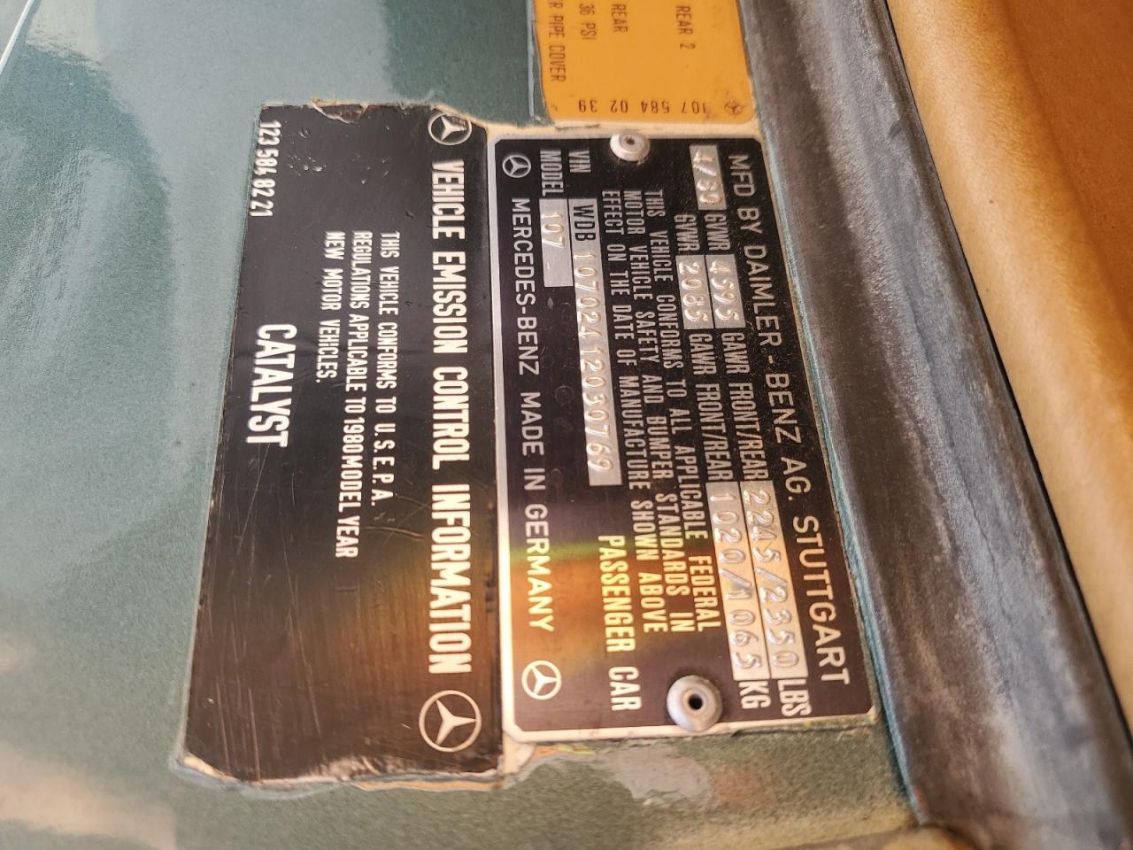 1980 Mercedes-Benz Slc 450 VIN: WDB10702412030769 Lot: 75362614