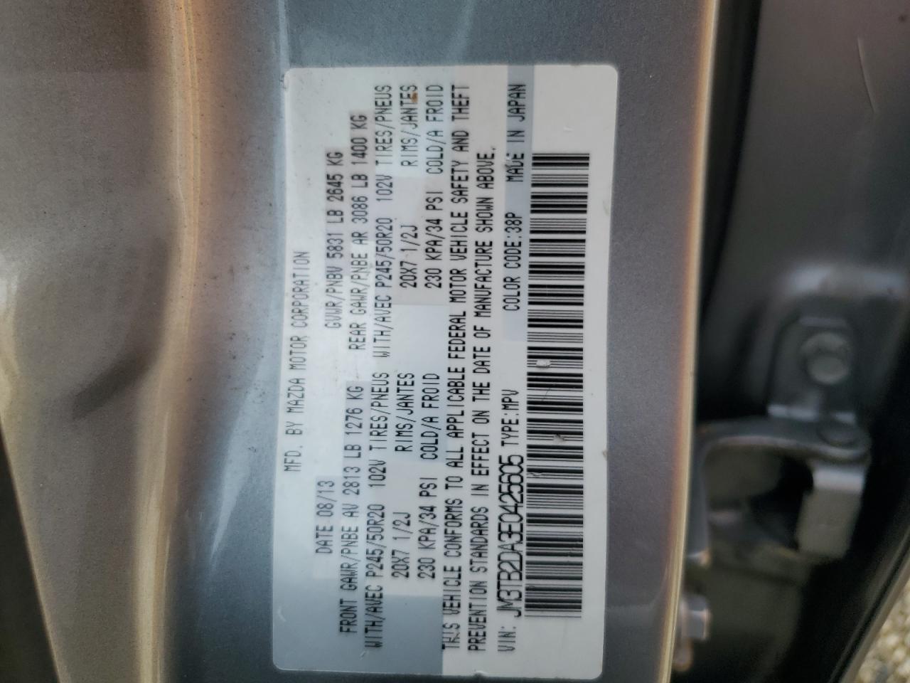 JM3TB2DA3E0425605 2014 Mazda Cx-9 Grand Touring