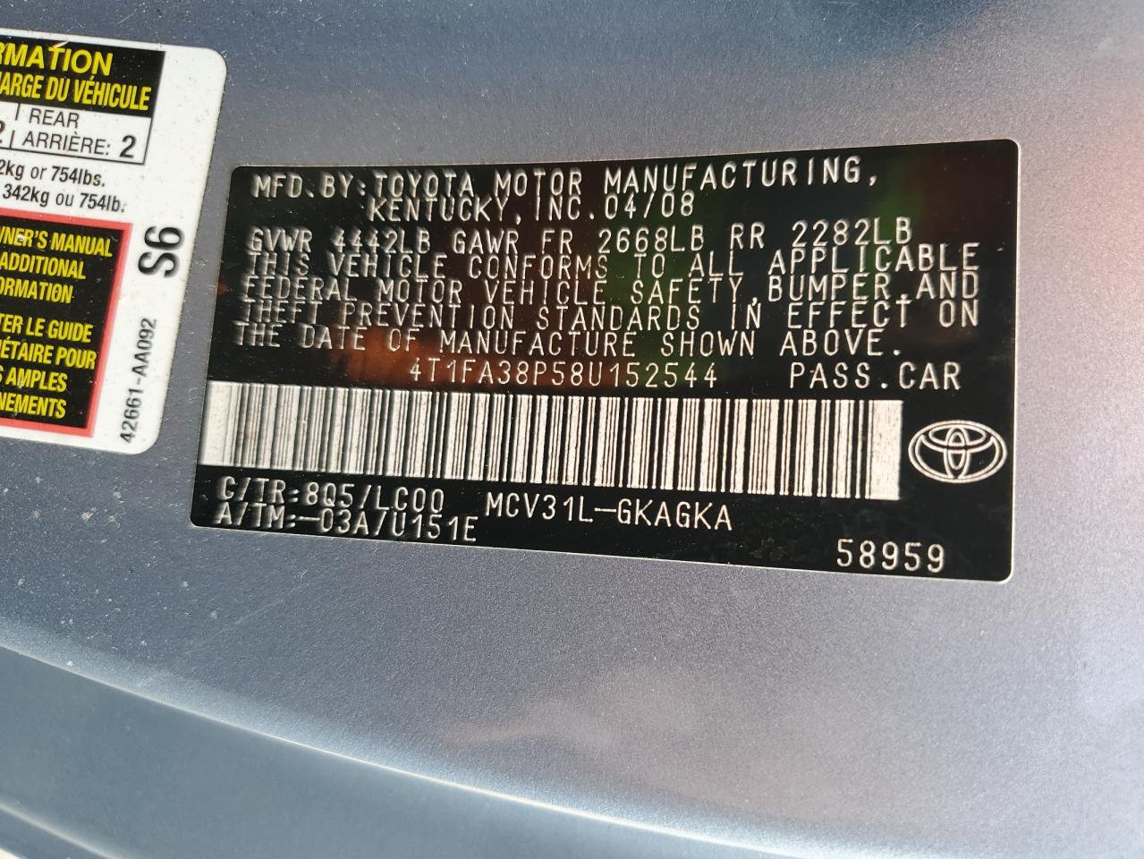 4T1FA38P58U152544 2008 Toyota Camry Solara Se