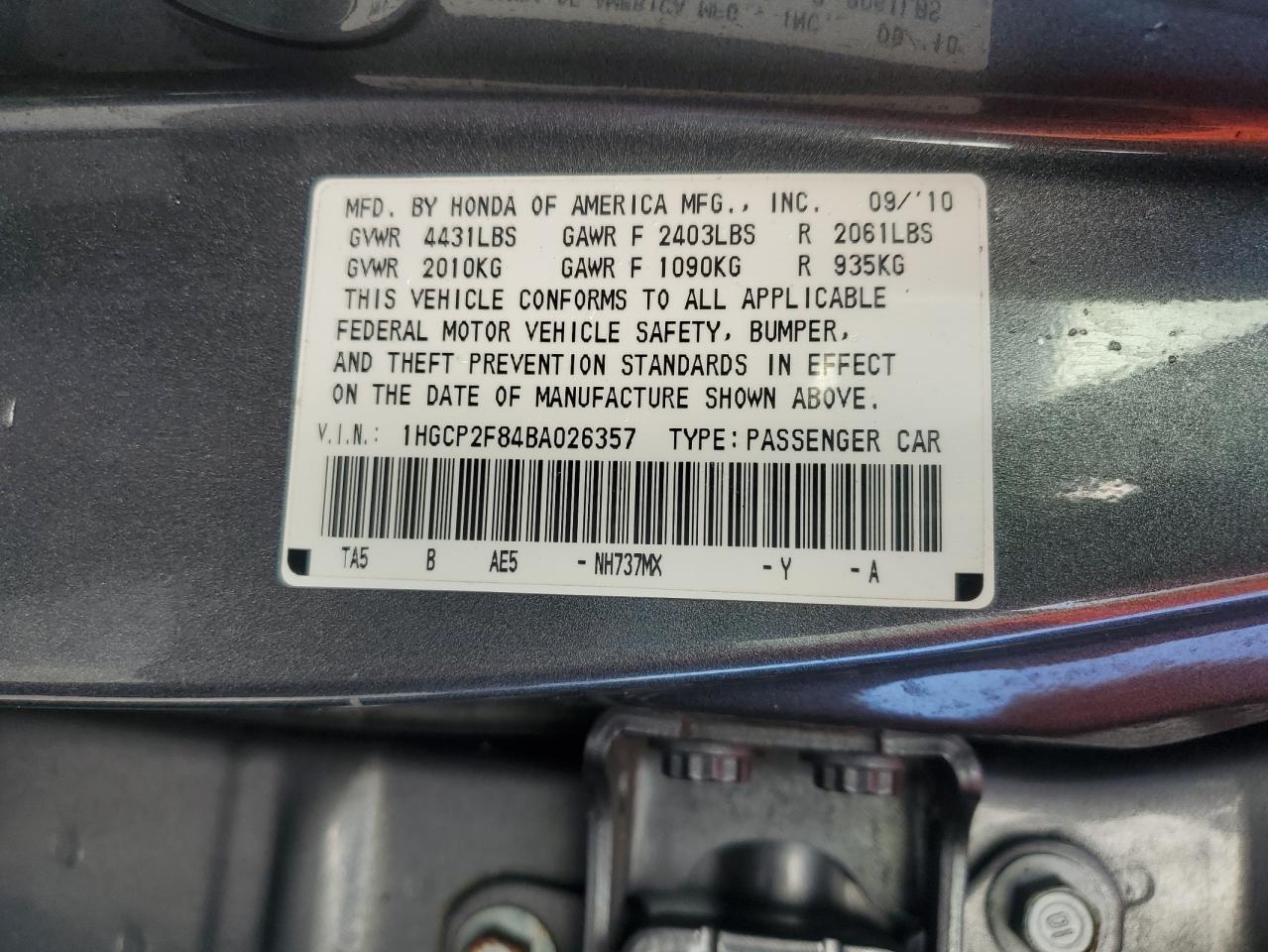 1HGCP2F84BA026357 2011 Honda Accord Exl