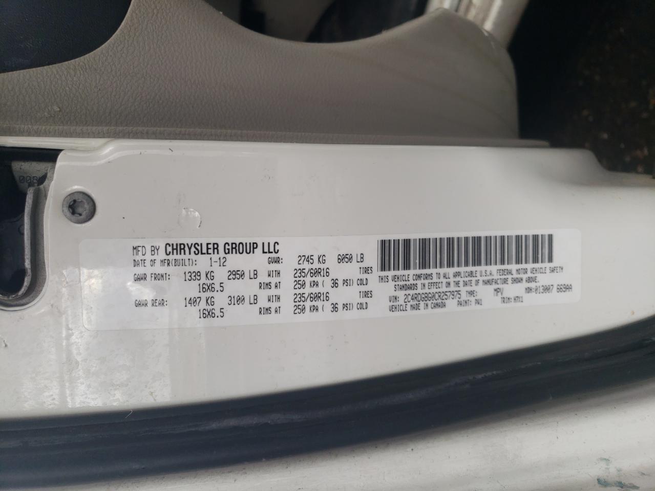 2012 Dodge Grand Caravan Se VIN: 2C4RDGBG0CR257975 Lot: 51898095