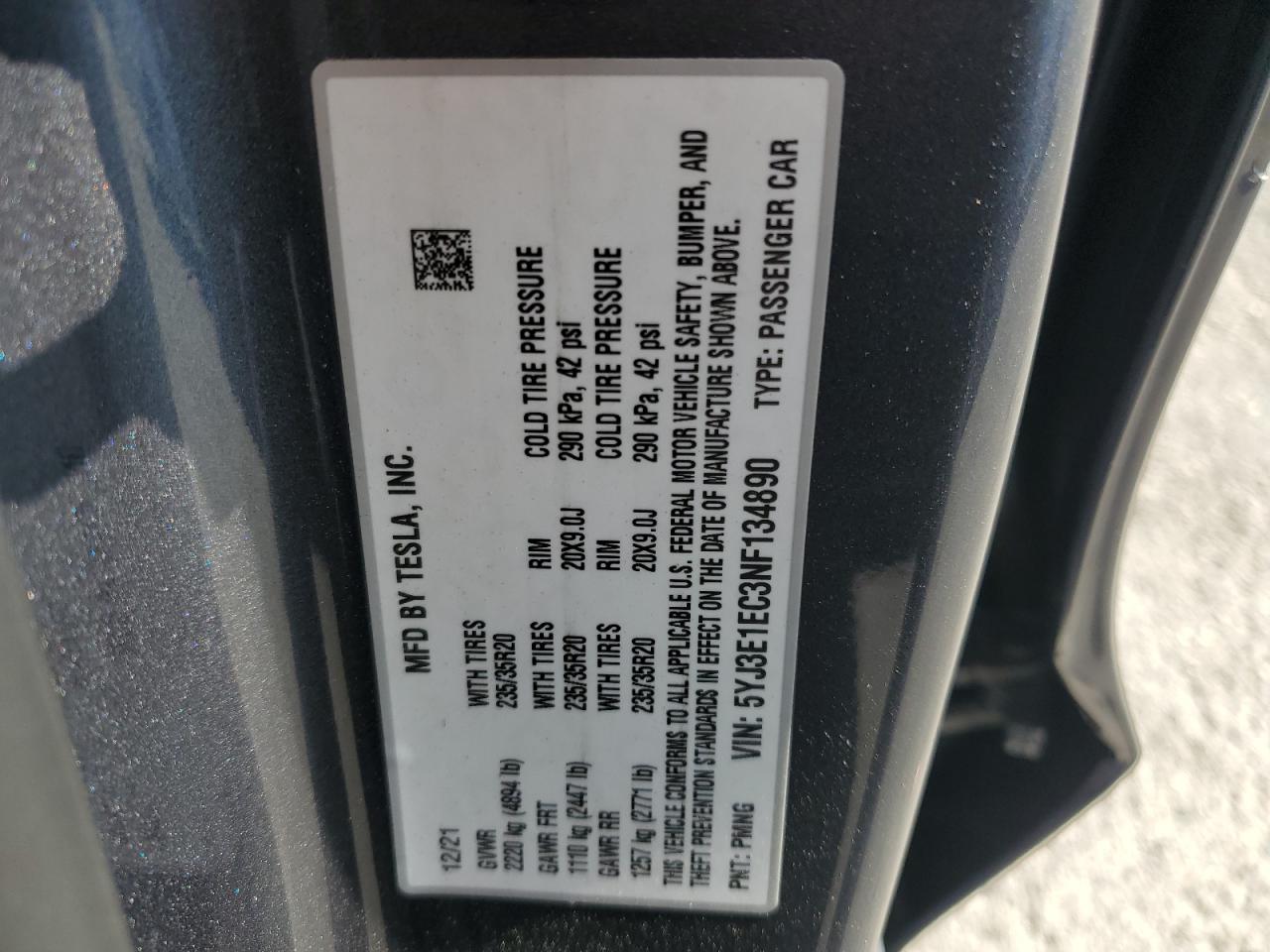 5YJ3E1EC3NF134890 2022 Tesla Model 3