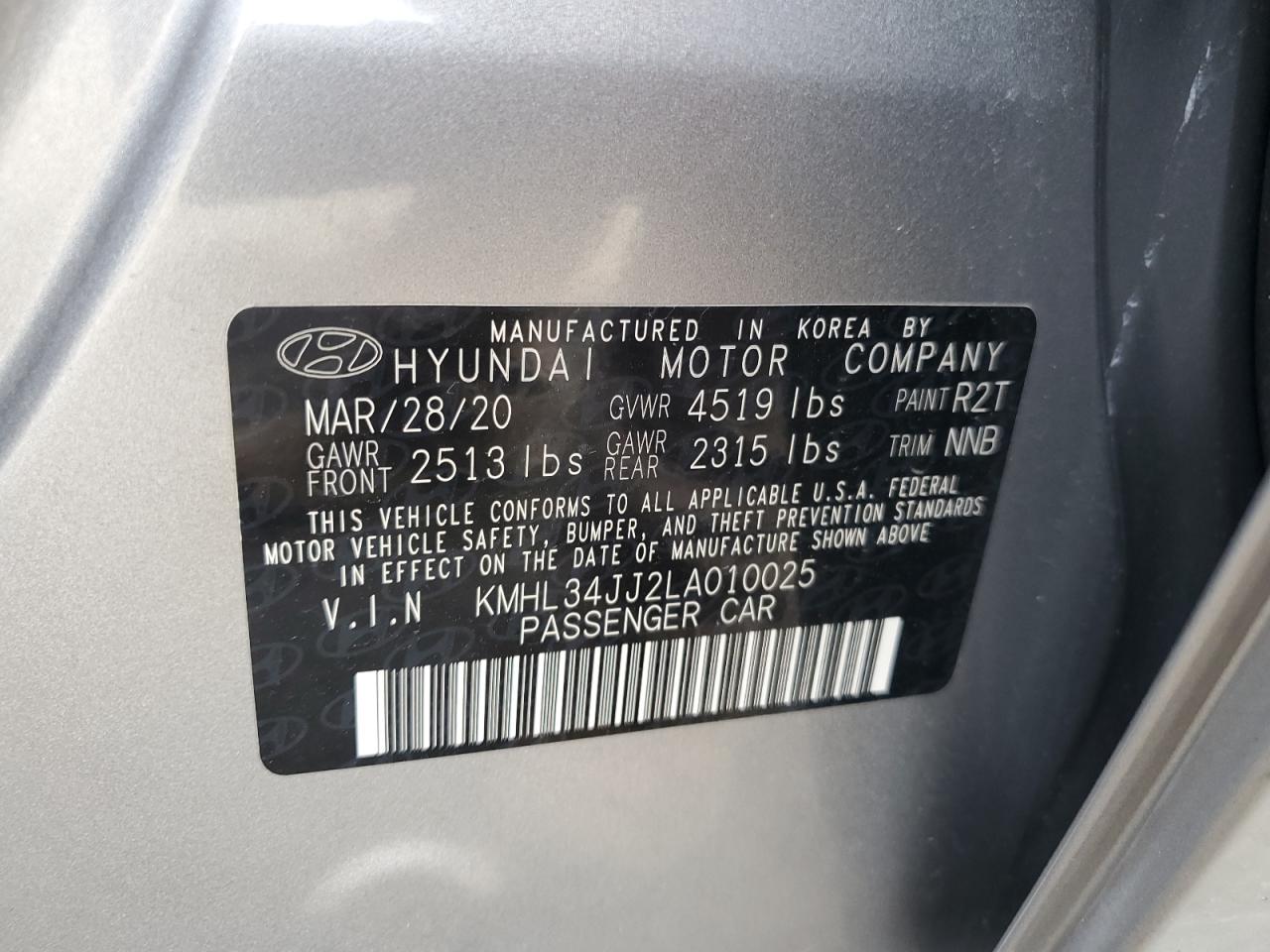 2020 Hyundai Sonata Hybrid VIN: KMHL34JJ2LA010025 Lot: 77657214