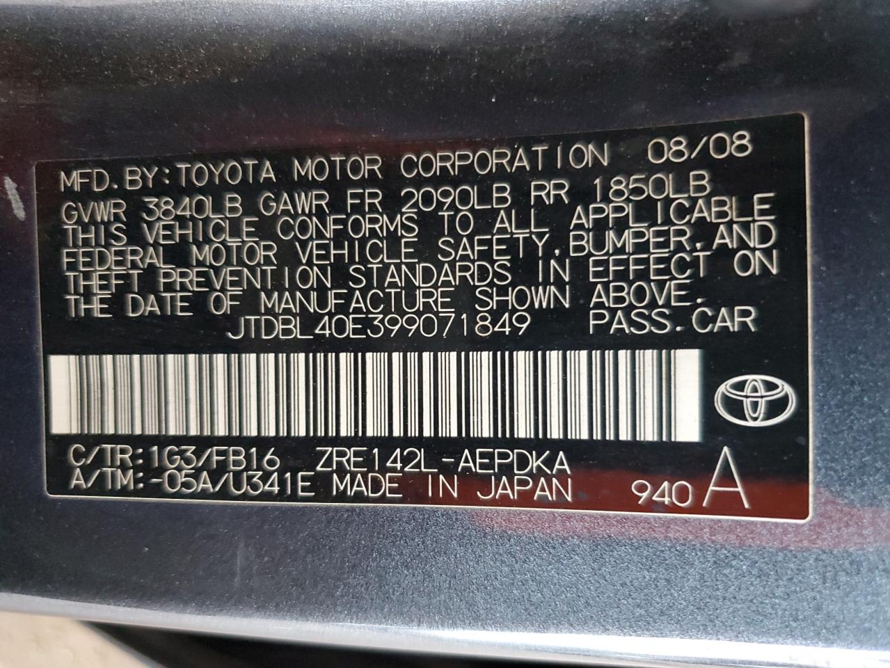 JTDBL40E399071849 2009 Toyota Corolla Base