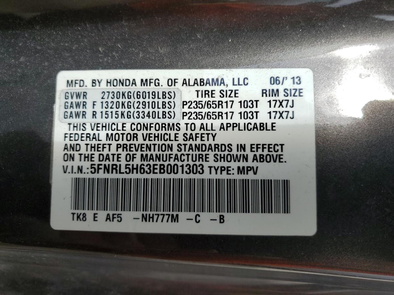 5FNRL5H63EB001303 2014 Honda Odyssey Exl