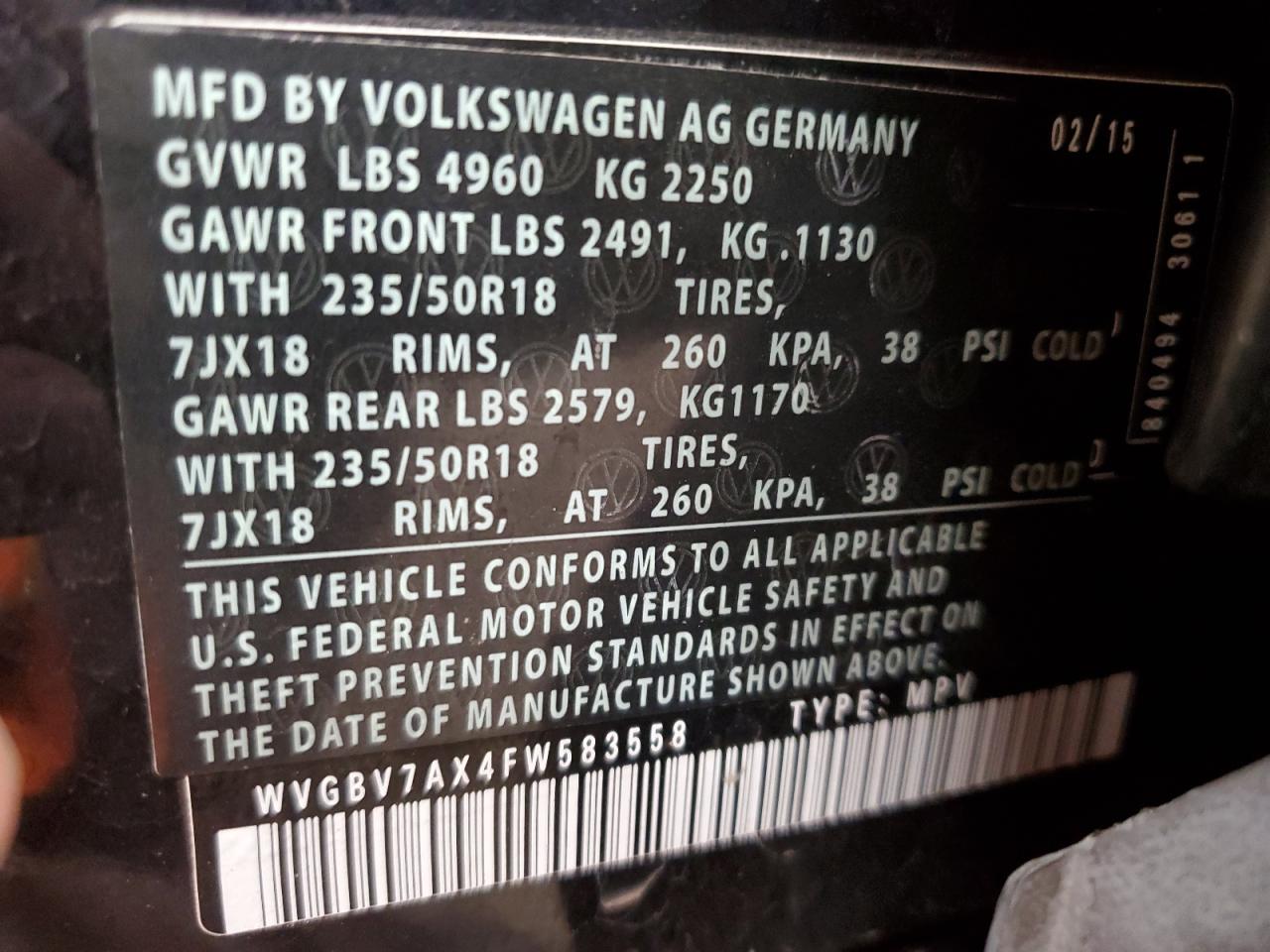 2015 Volkswagen Tiguan S VIN: WVGBV7AX4FW583558 Lot: 74031124