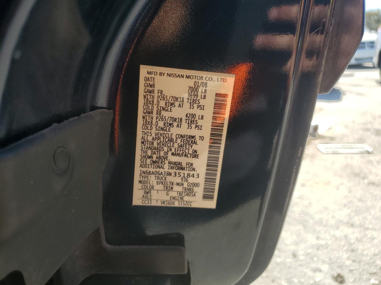 2008 Nissan Titan Xe VIN: 1N6BA06A38N351843 Lot: 76584044