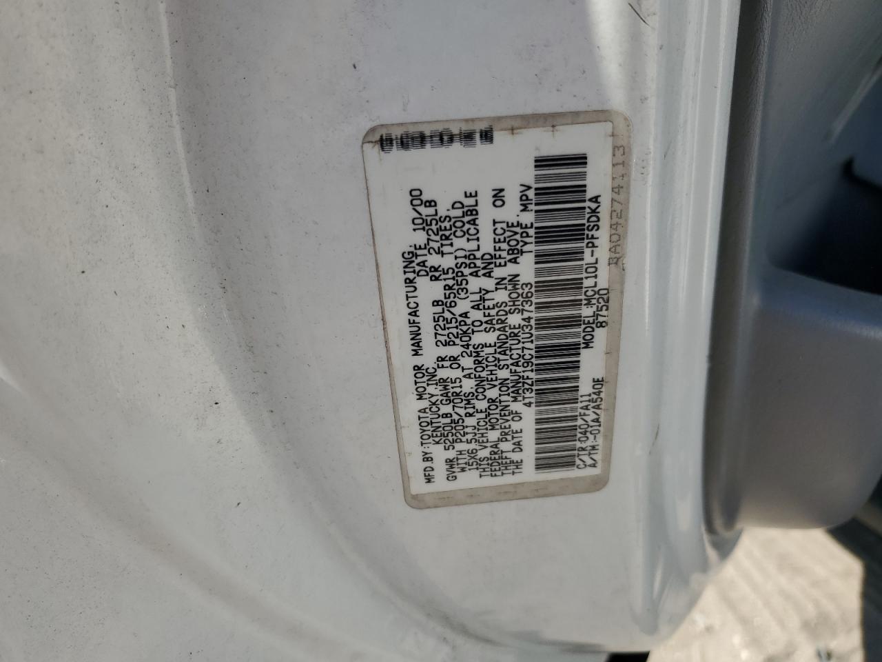 2001 Toyota Sienna Ce VIN: 4T3ZF19C71U347363 Lot: 77733724