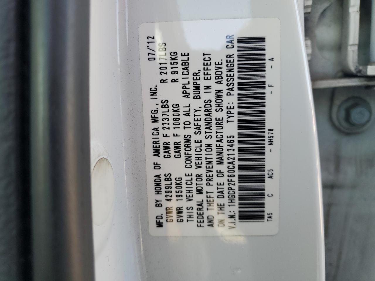 1HGCP2F60CA213465 2012 Honda Accord Se