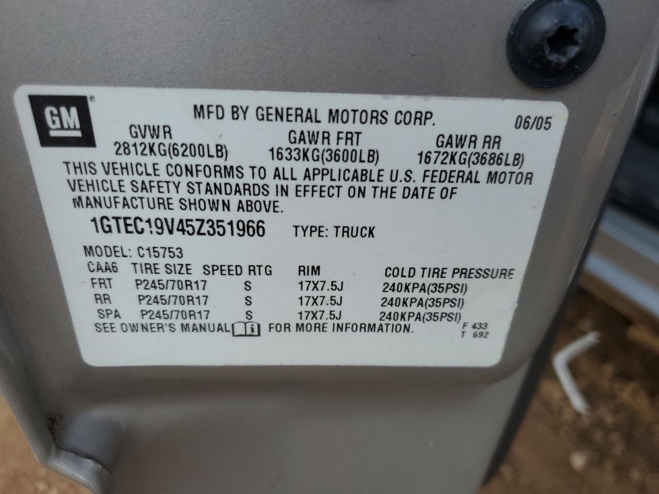 1GTEC19V45Z351966 2005 GMC New Sierra C1500