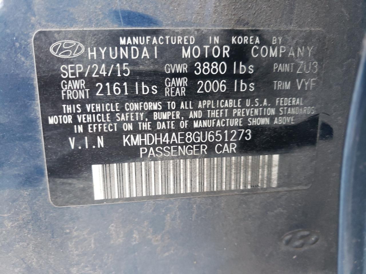 2016 Hyundai Elantra Se VIN: KMHDH4AE8GU651273 Lot: 75390384