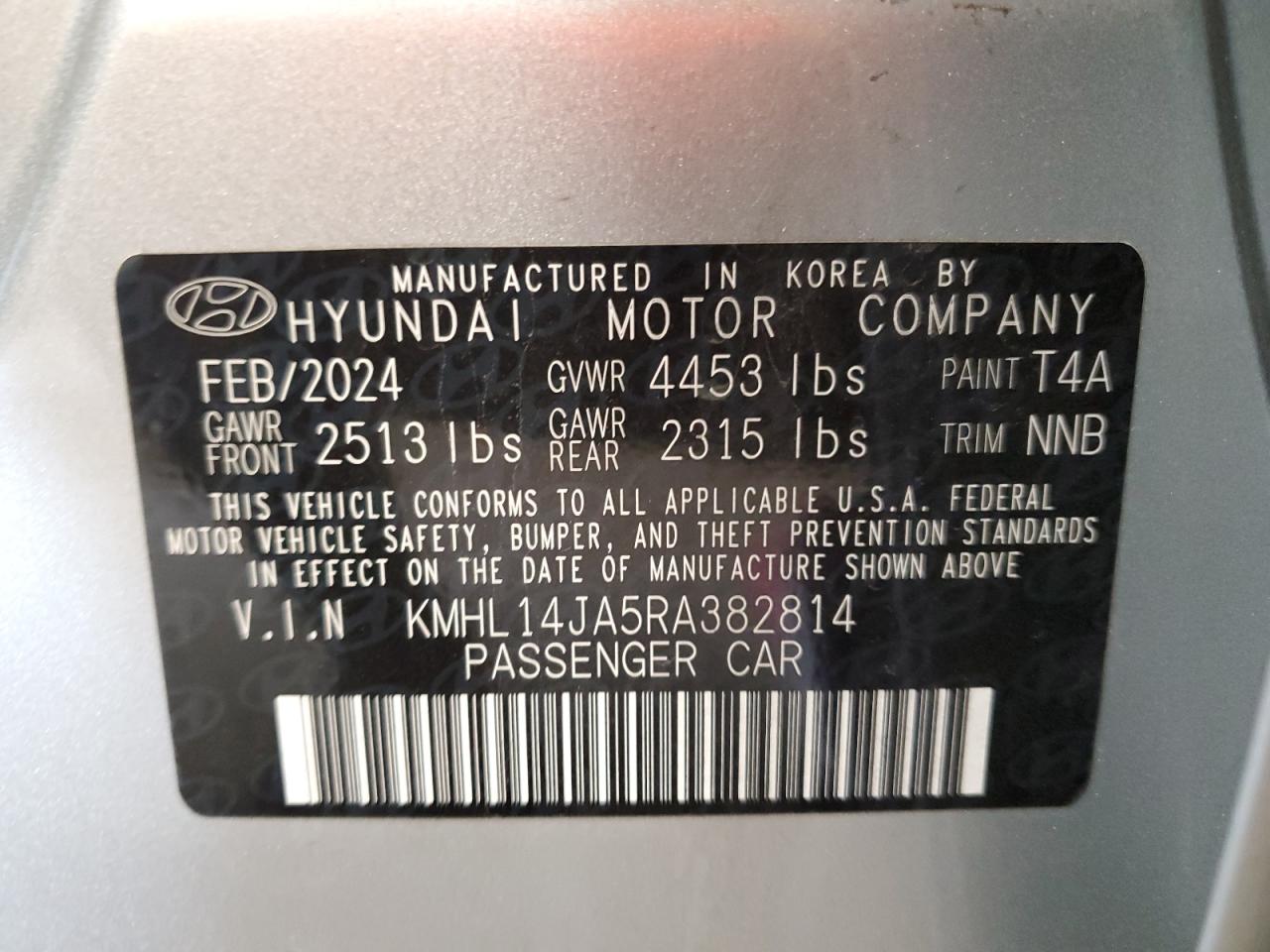 2024 Hyundai Sonata Sel VIN: KMHL14JA5RA382814 Lot: 77678564