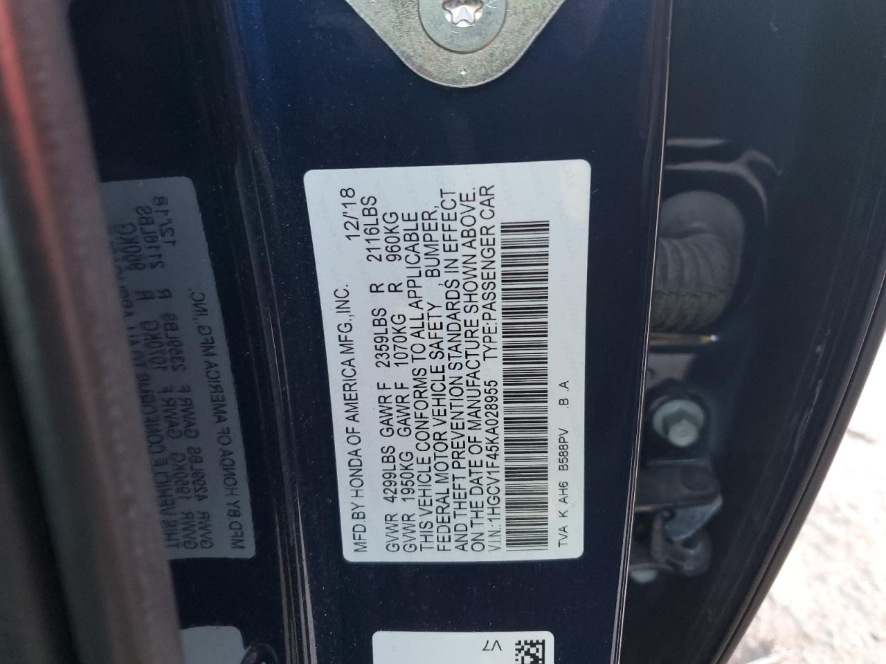 1HGCV1F45KA028955 2019 Honda Accord Ex