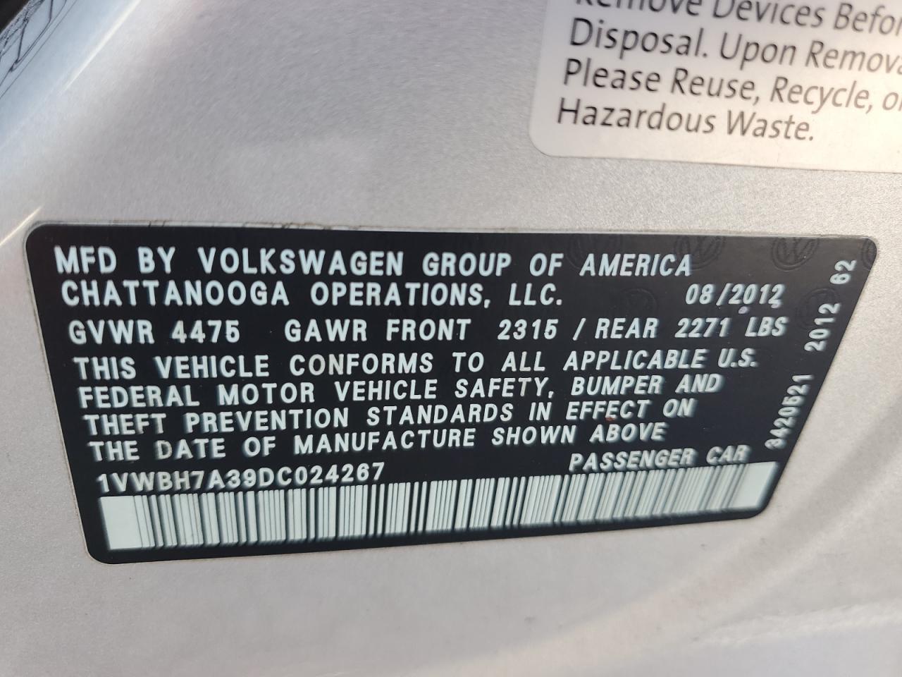 2013 Volkswagen Passat Se VIN: 1VWBH7A39DC024267 Lot: 78524354