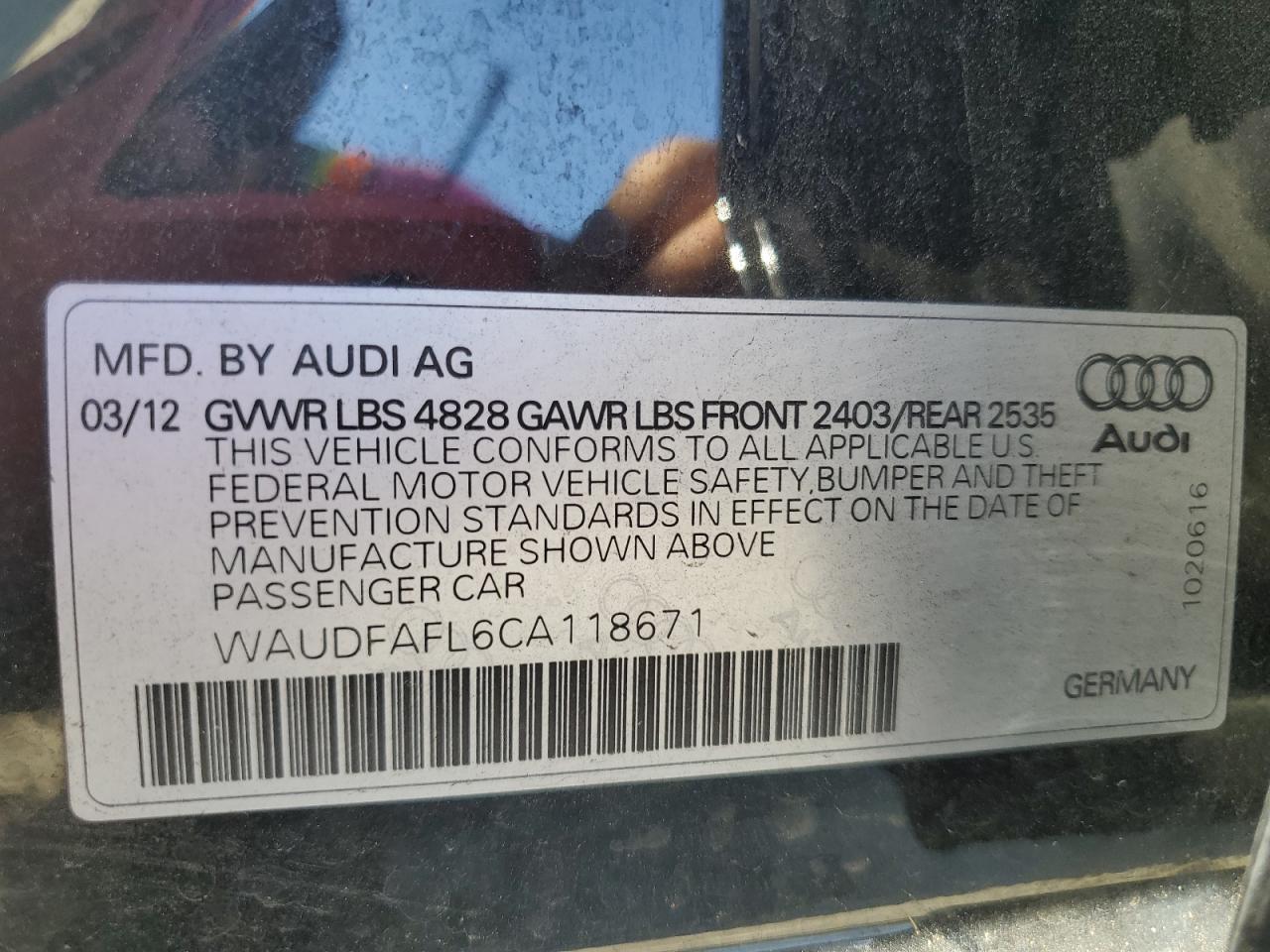 2012 Audi A4 Premium VIN: WAUDFAFL6CA118671 Lot: 76989434