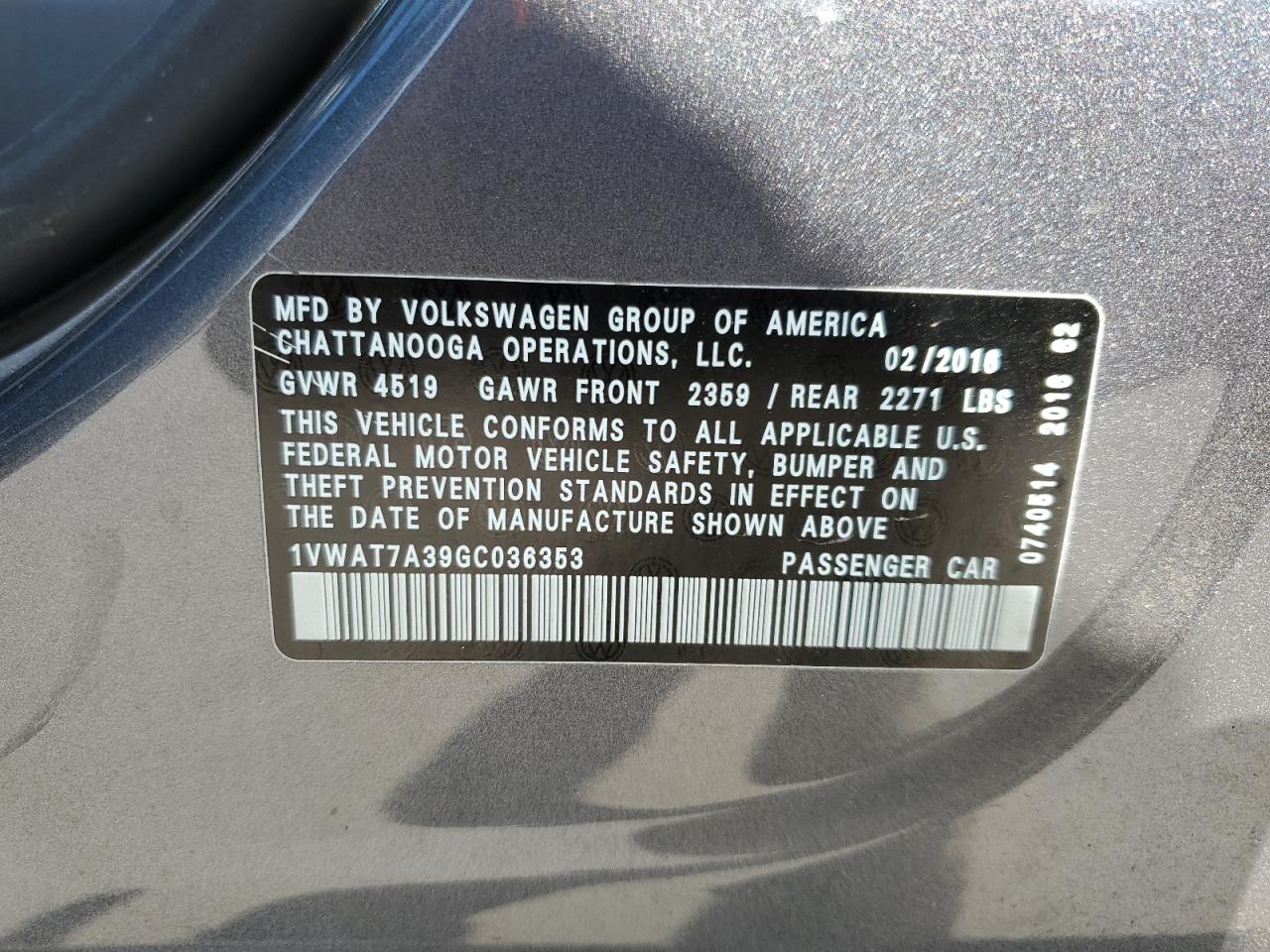 2016 Volkswagen Passat S VIN: 1VWAT7A39GC036353 Lot: 75964534