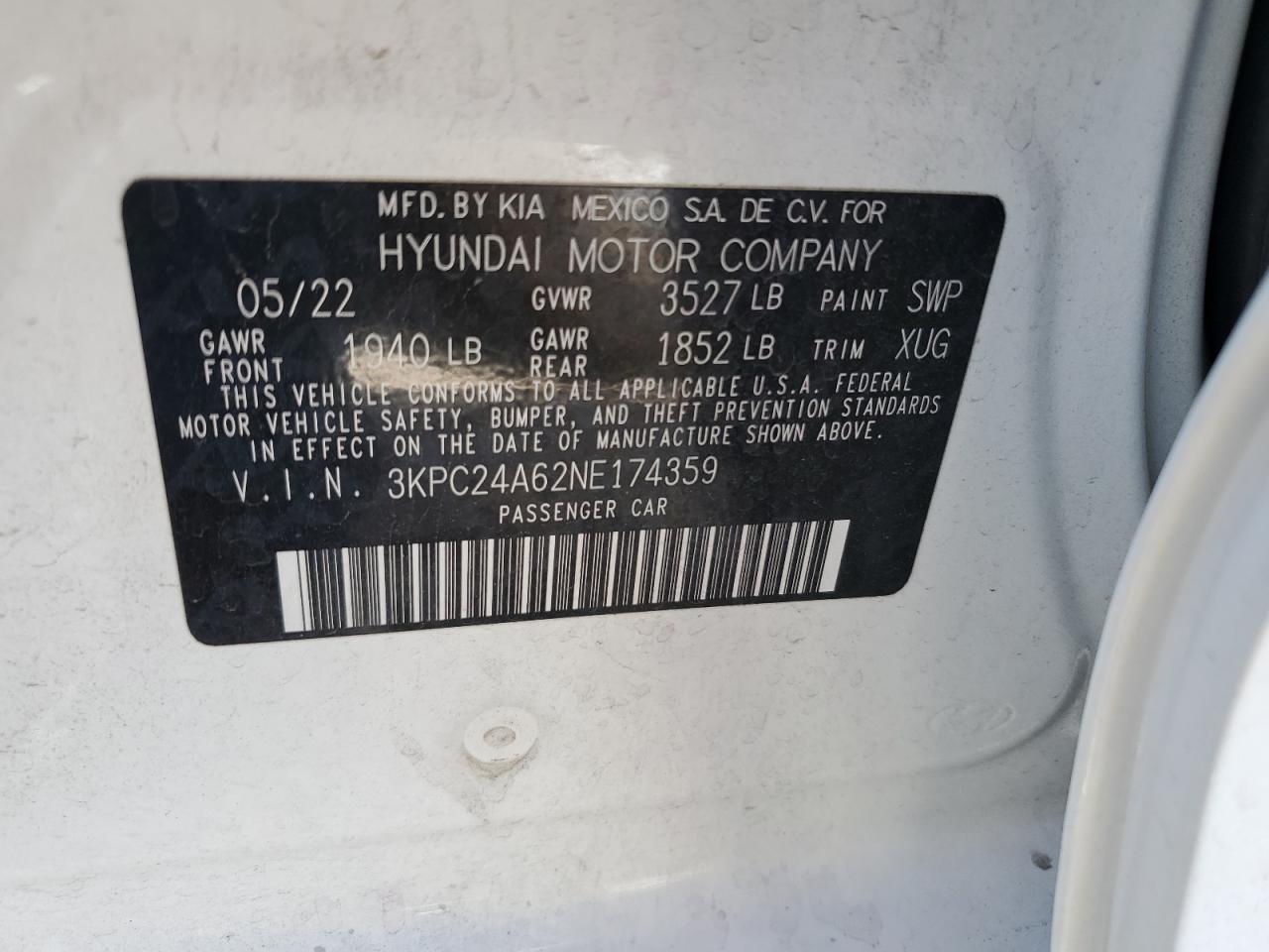 3KPC24A62NE174359 2022 Hyundai Accent Se