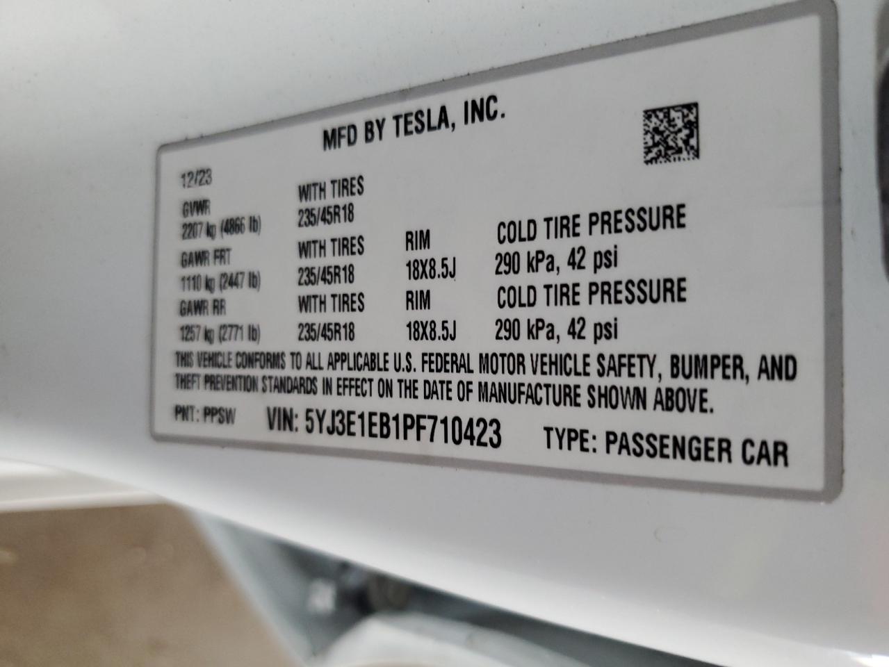 2023 Tesla Model 3 VIN: 5YJ3E1EB1PF710423 Lot: 74034314