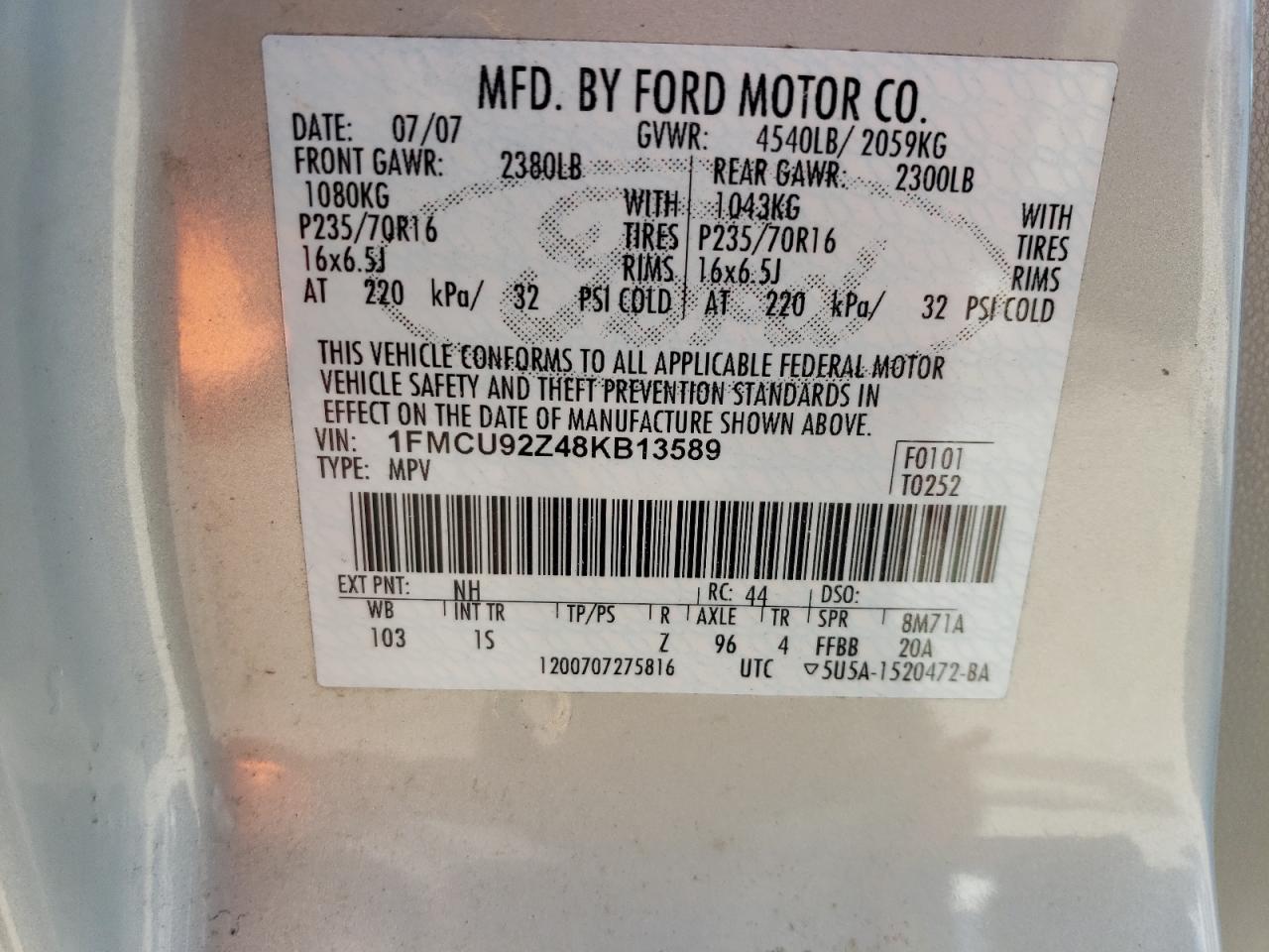 2008 Ford Escape Xls VIN: 1FMCU92Z48KB13589 Lot: 74316364