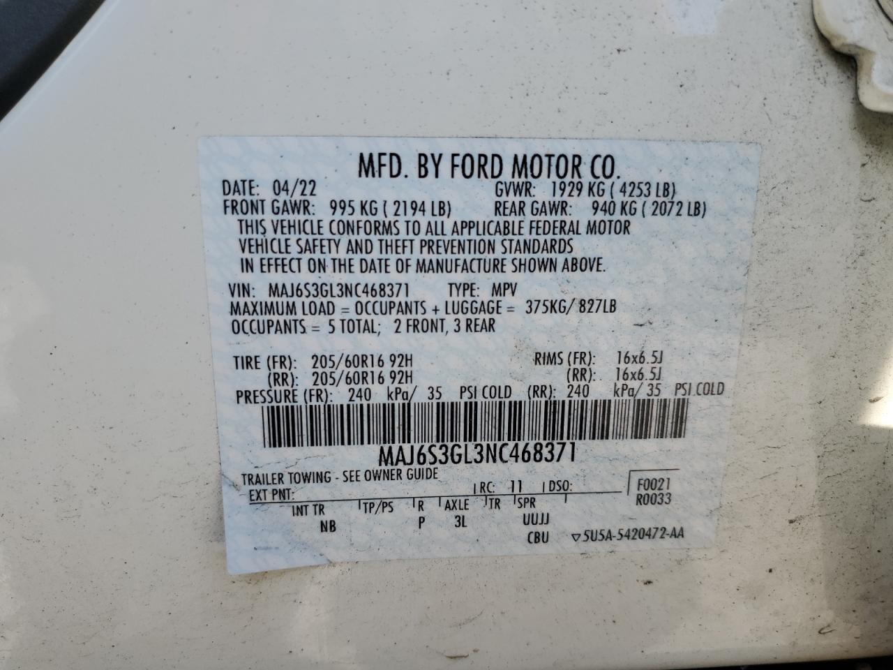 2022 Ford Ecosport Se VIN: MAJ6S3GL3NC468371 Lot: 75793874