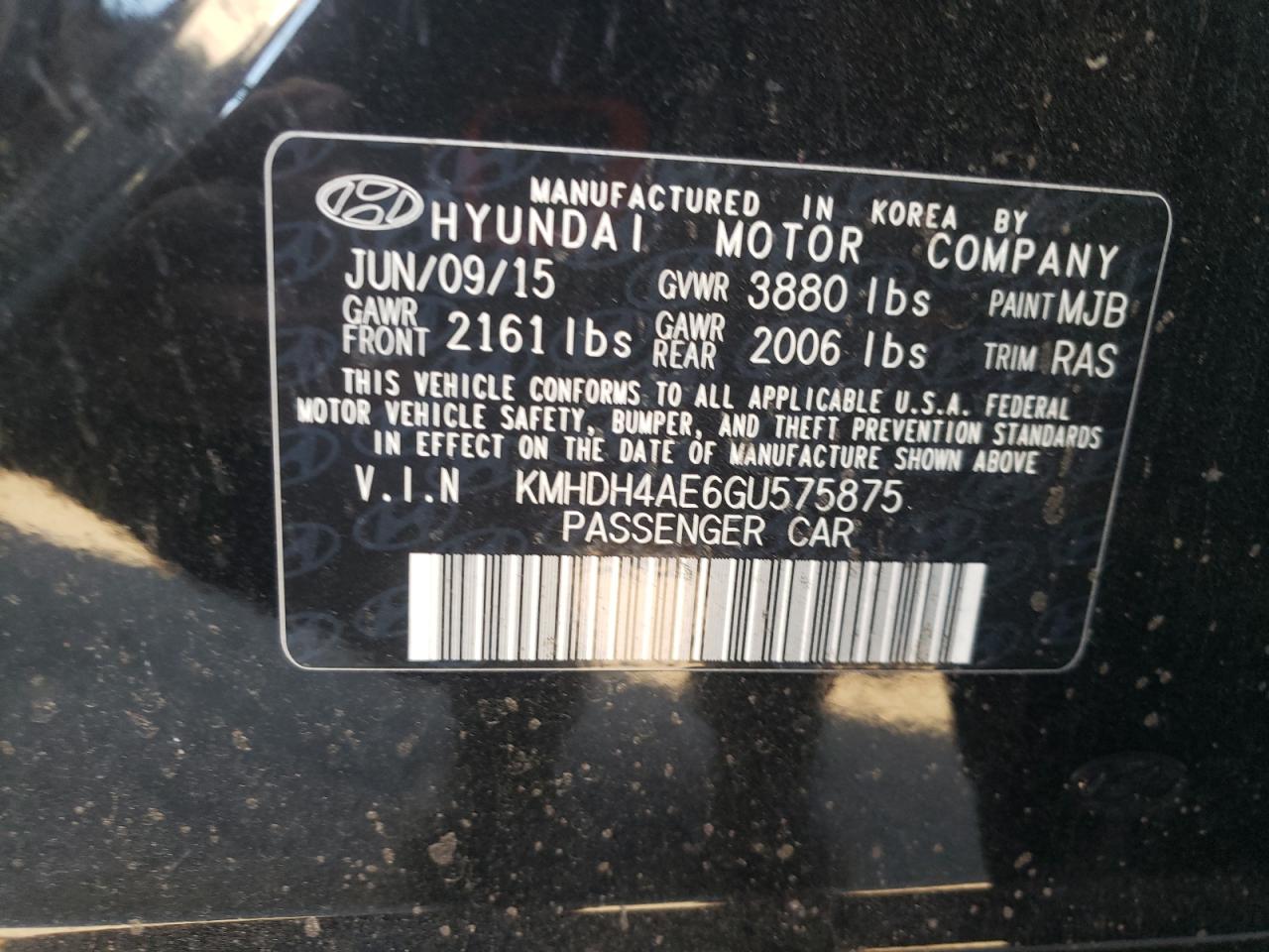 2016 Hyundai Elantra Se VIN: KMHDH4AE6GU575875 Lot: 76032934