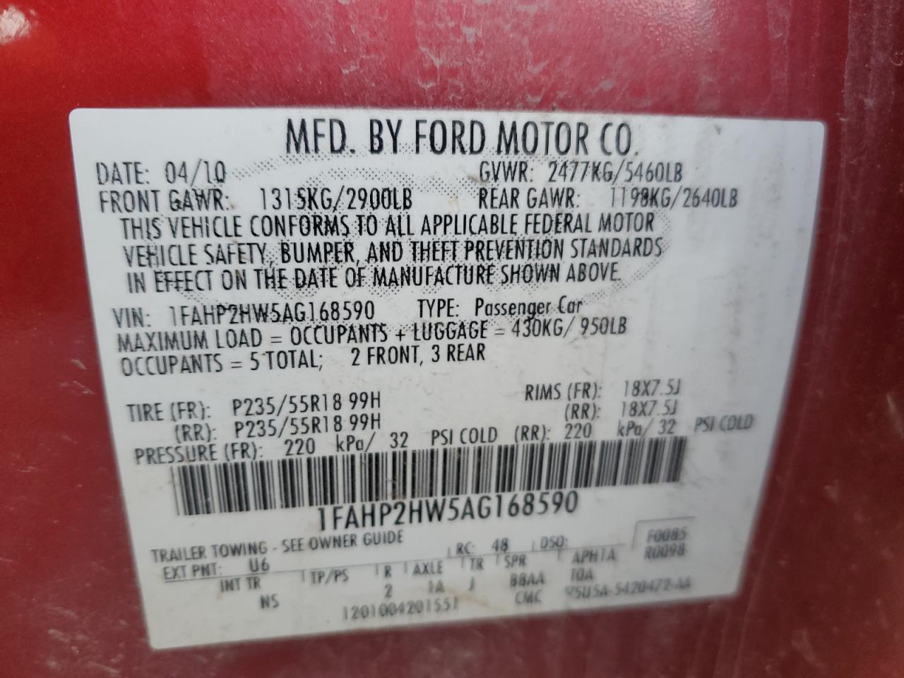 2010 Ford Taurus Sel VIN: 1FAHP2HW5AG168590 Lot: 75728784