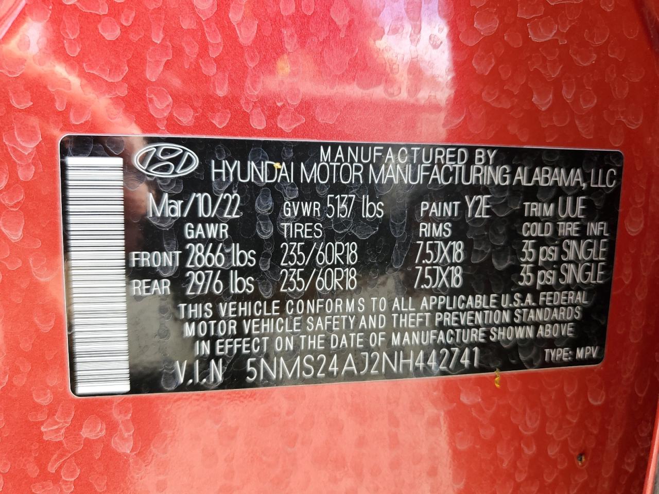 5NMS24AJ2NH442741 2022 Hyundai Santa Fe Sel