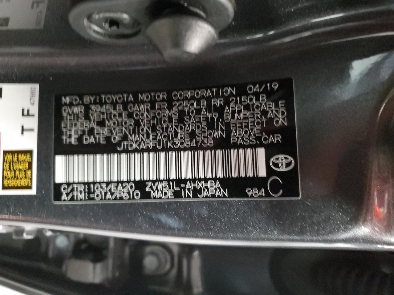 JTDKARFU1K3084738 2019 Toyota Prius