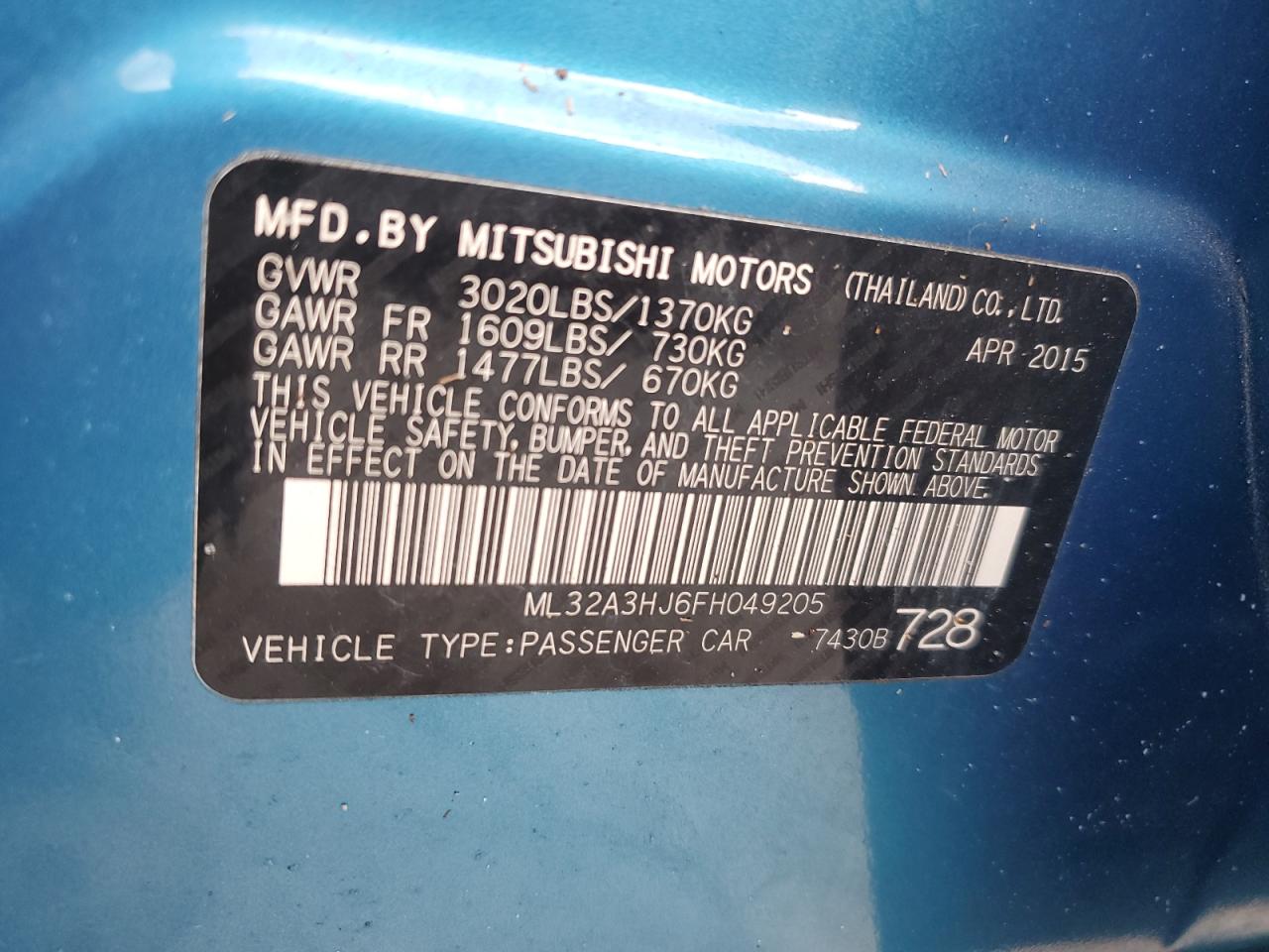 ML32A3HJ6FH049205 2015 Mitsubishi Mirage De