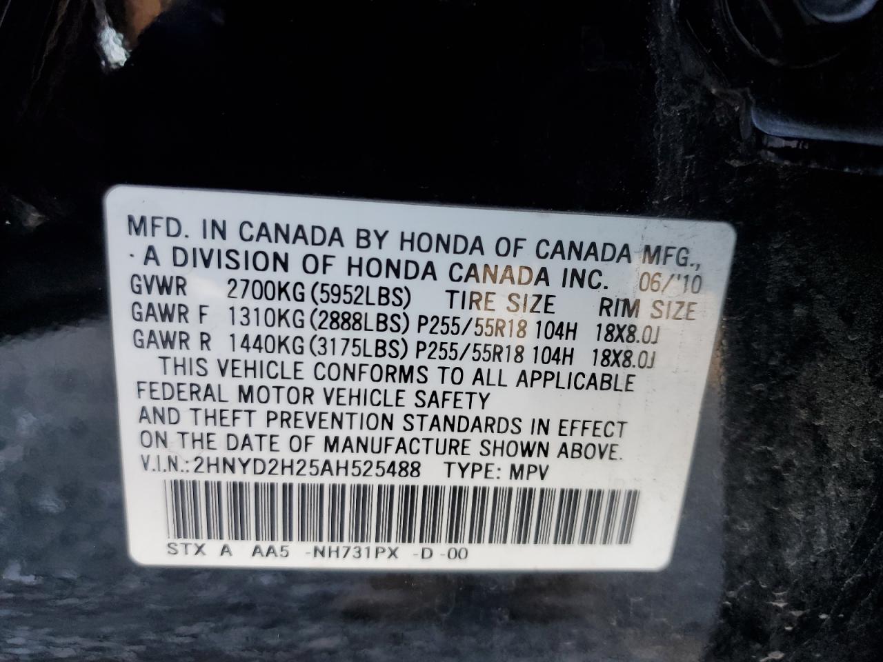 2010 Acura Mdx VIN: 2HNYD2H25AH525488 Lot: 77263474