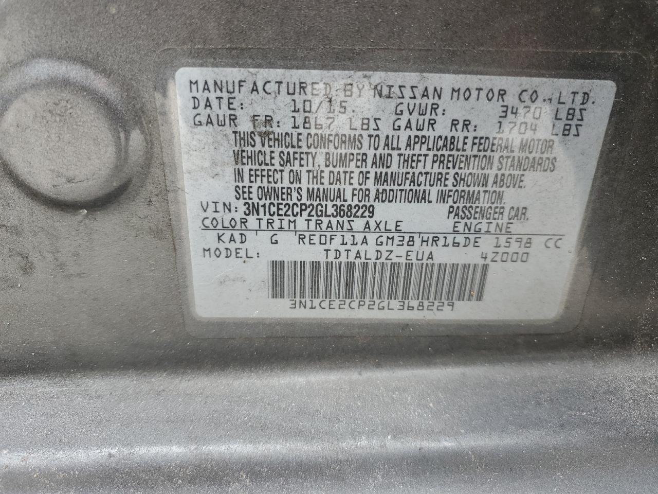 3N1CE2CP2GL368229 2016 Nissan Versa Note S